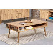 Mesa de Centro Moderna de 2 Andares – 110 x 60 x 45 cm – Pinho Atlântico, Preto e Vermelho – Melamina