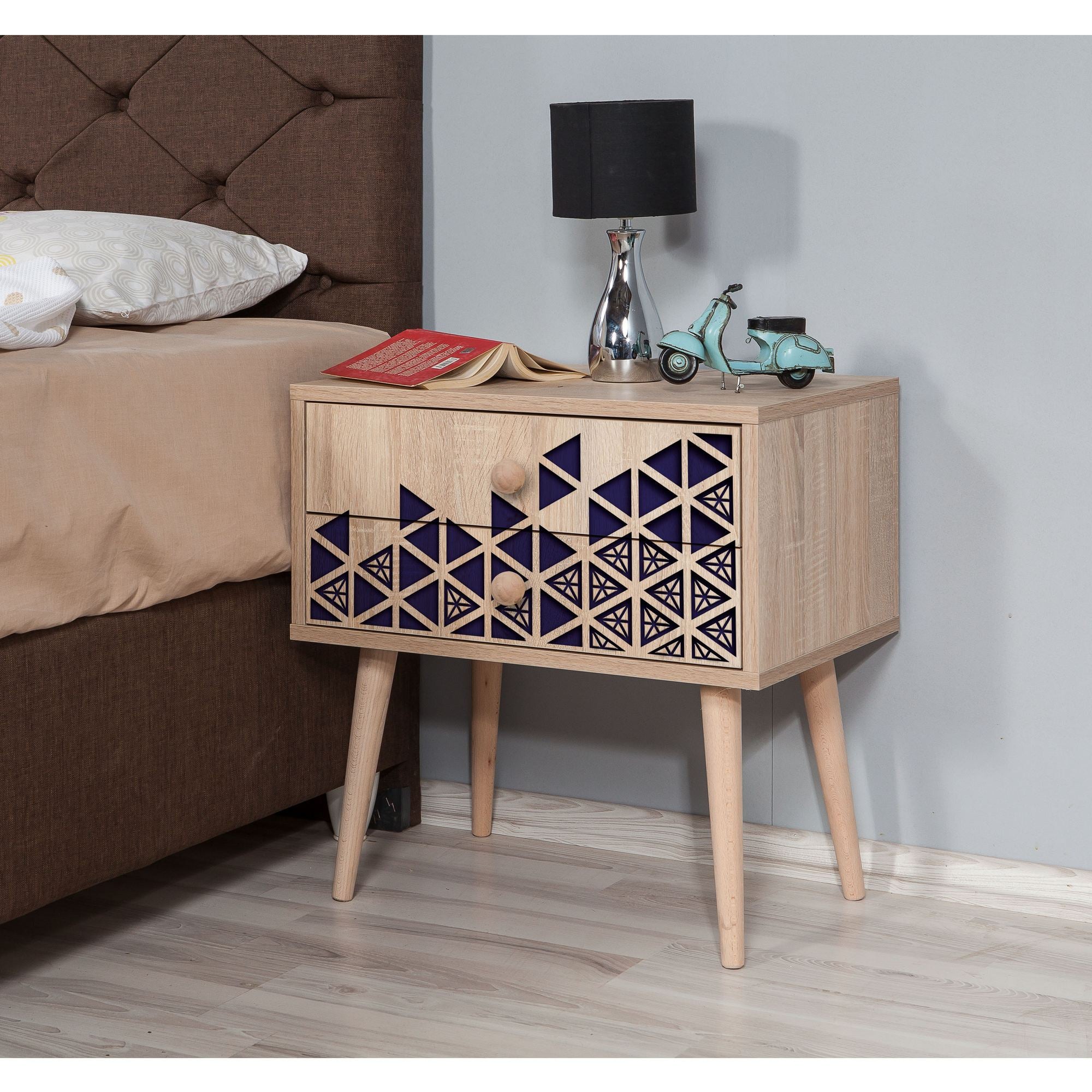 Mesa de cabeceira moderna com 2 gavetas, carvalho Sonoma, 60 x 61 x 40 cm | 100% melamina, pernas de madeira de carpa, revestimento UV | Elegante e funcional para qualquer quarto