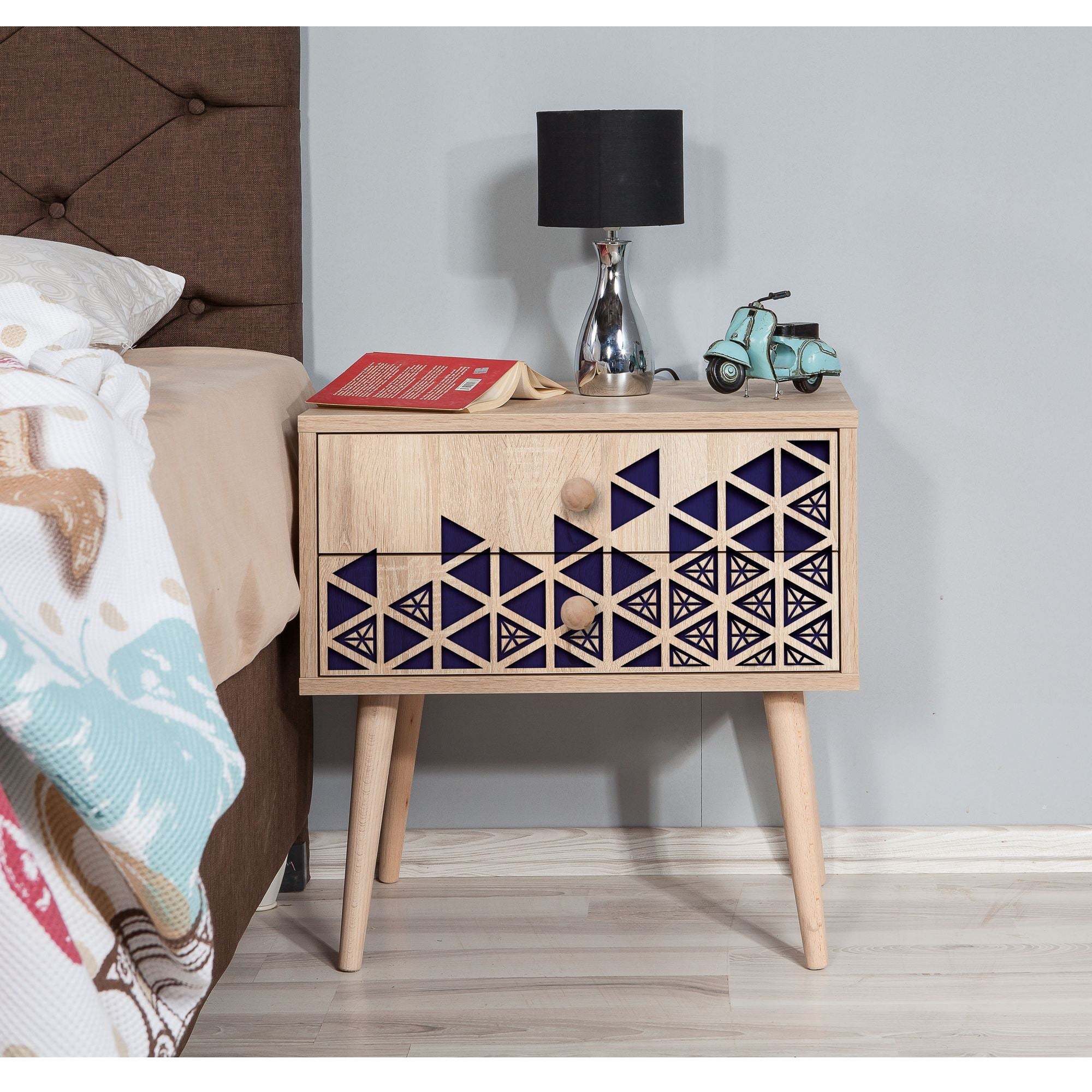 Mesa de cabeceira moderna com 2 gavetas, carvalho Sonoma, 60 x 61 x 40 cm | 100% melamina, pernas de madeira de carpa, revestimento UV | Elegante e funcional para qualquer quarto
