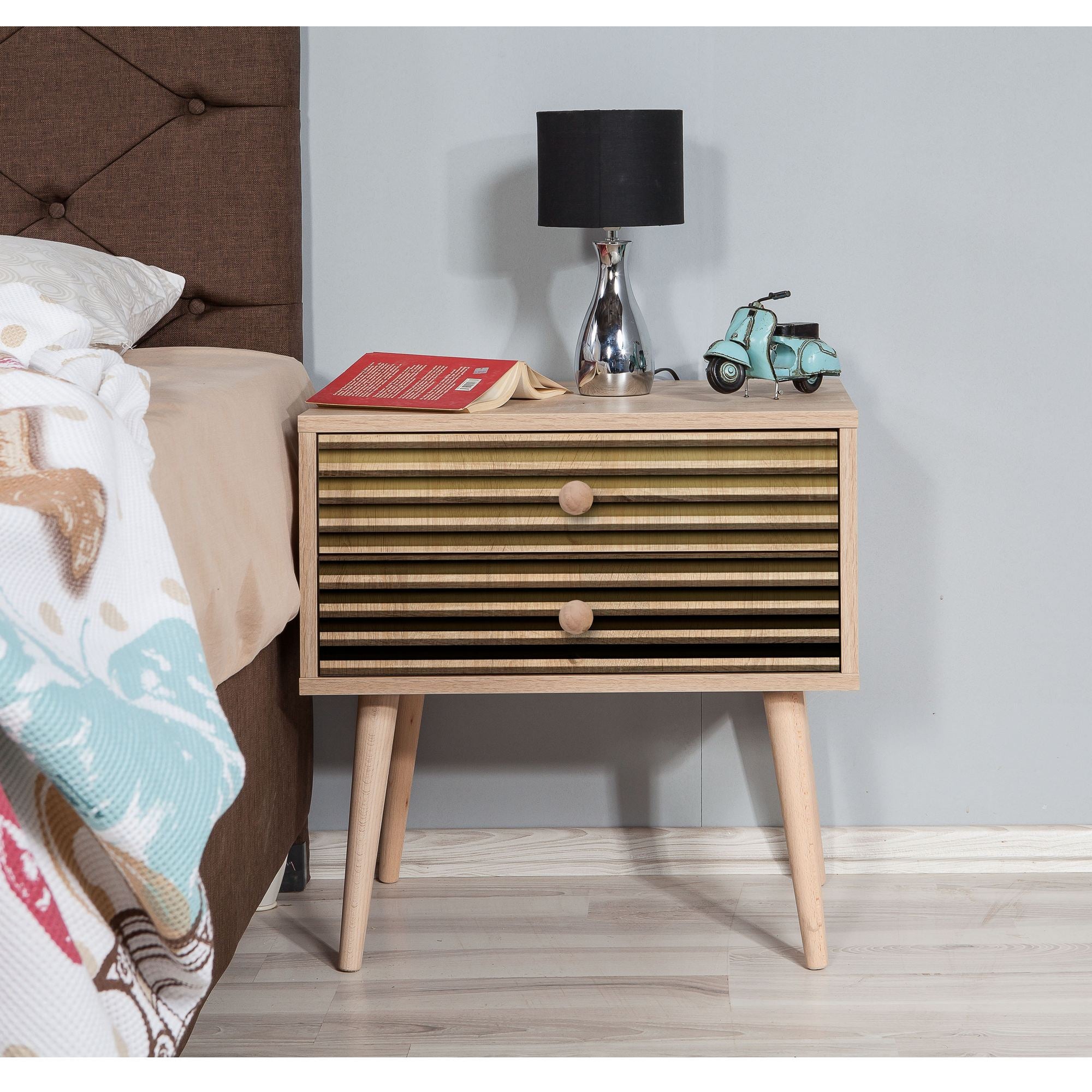 Mesa de cabeceira moderna com 2 gavetas, carvalho Sonoma, 60 x 61 x 40 cm | 100% melamina, pernas de madeira de carpa, revestimento UV | Elegante e funcional para qualquer quarto