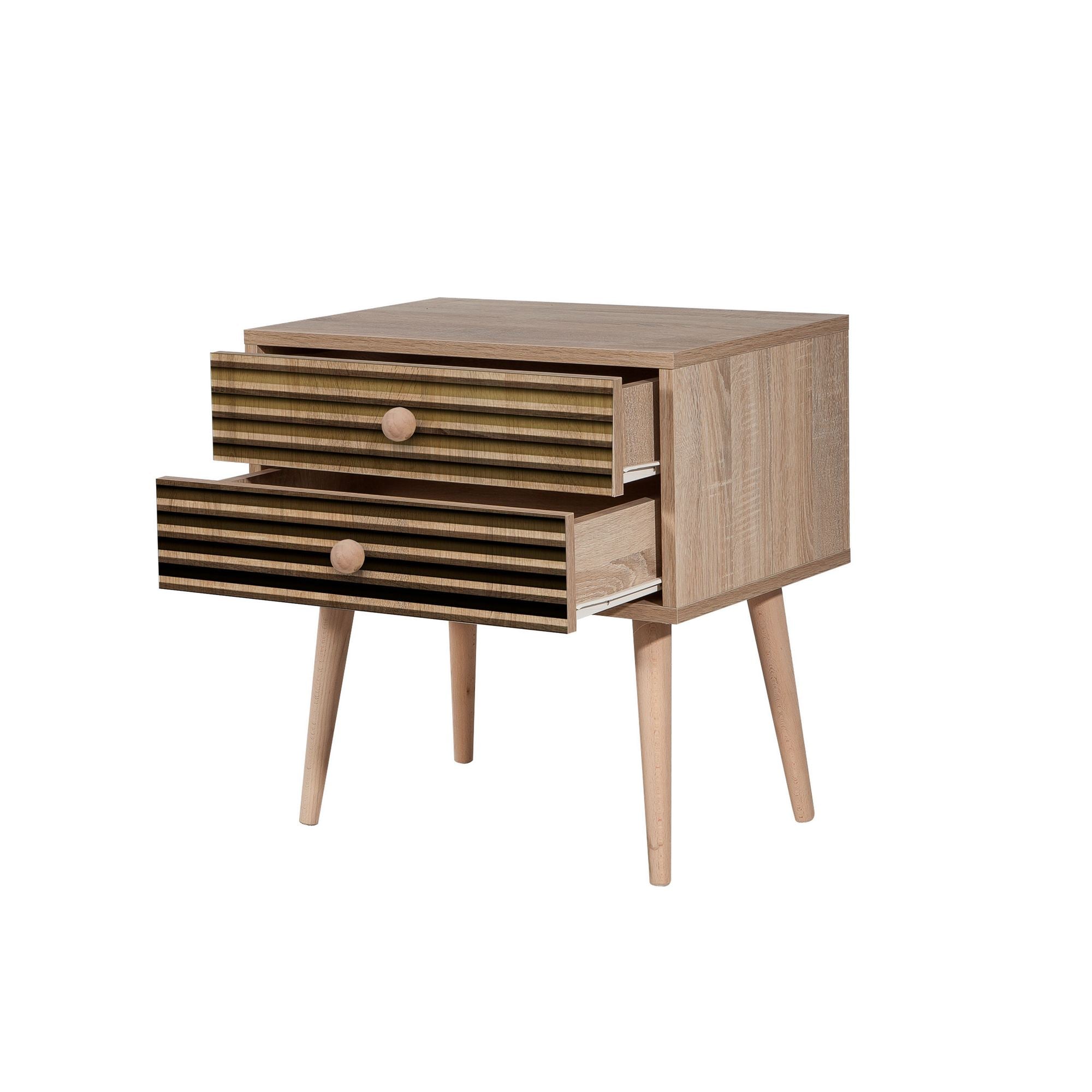 Mesa de cabeceira moderna com 2 gavetas, carvalho Sonoma, 60 x 61 x 40 cm | 100% melamina, pernas de madeira de carpa, revestimento UV | Elegante e funcional para qualquer quarto