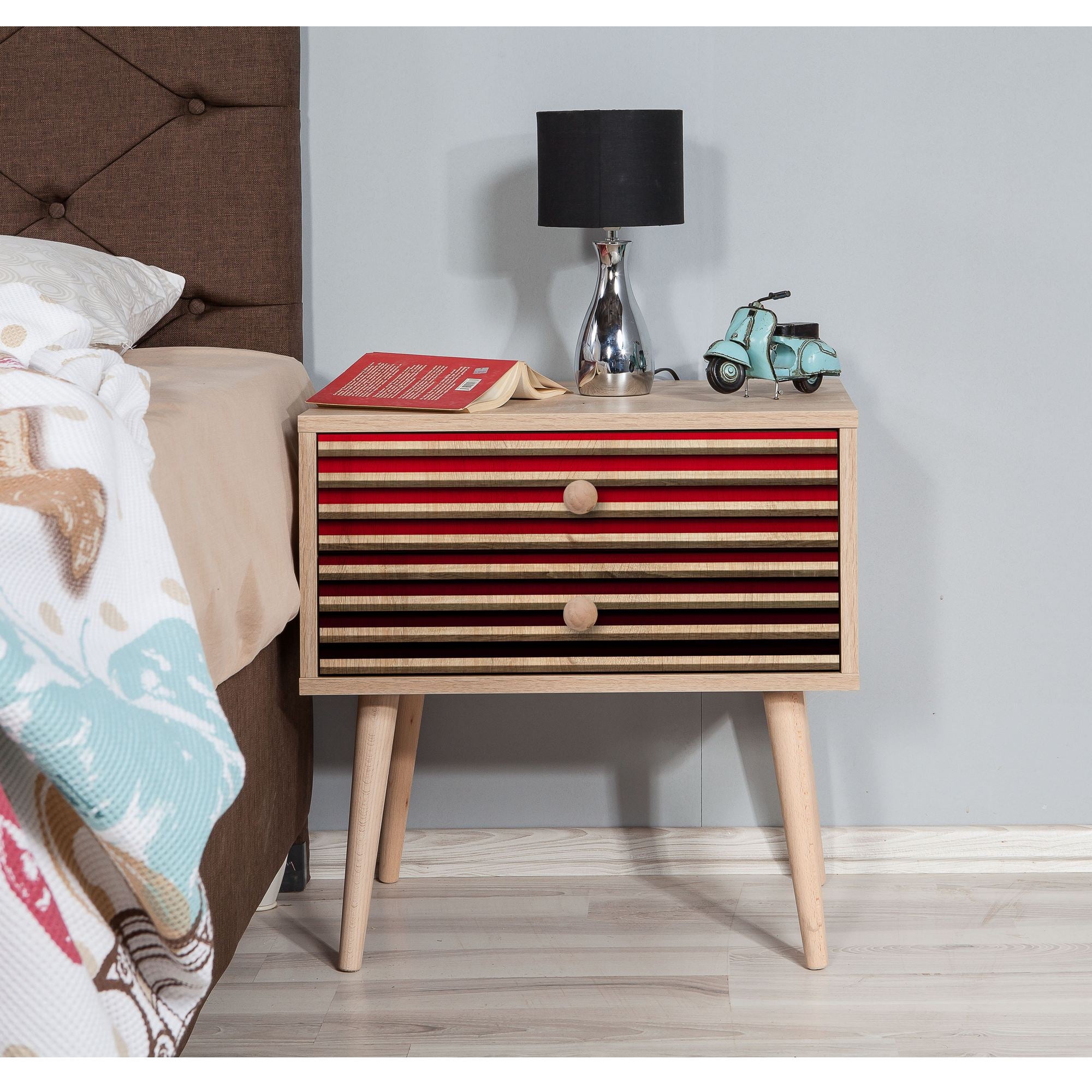 Mesa de cabeceira moderna com 2 gavetas, carvalho Sonoma, 60 x 61 x 40 cm | 100% melamina, pernas de madeira de carpa, revestimento UV | Elegante e funcional para qualquer quarto