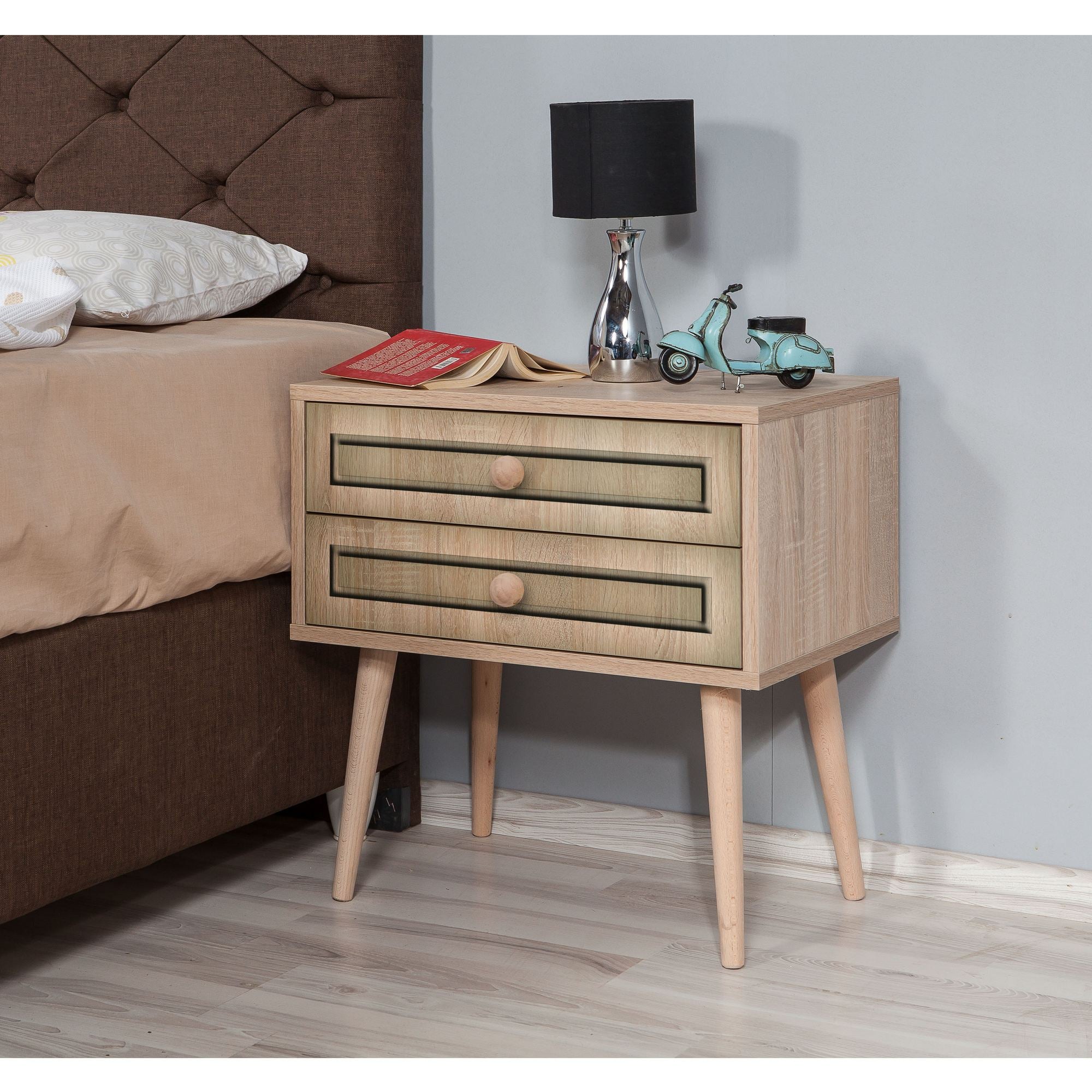 Mesa de cabeceira moderna com 2 gavetas, carvalho Sonoma, 60 x 61 x 40 cm | 100% revestida em melamina, pernas de madeira de carpa, puxadores de metal e corda | Design elegante e funcional