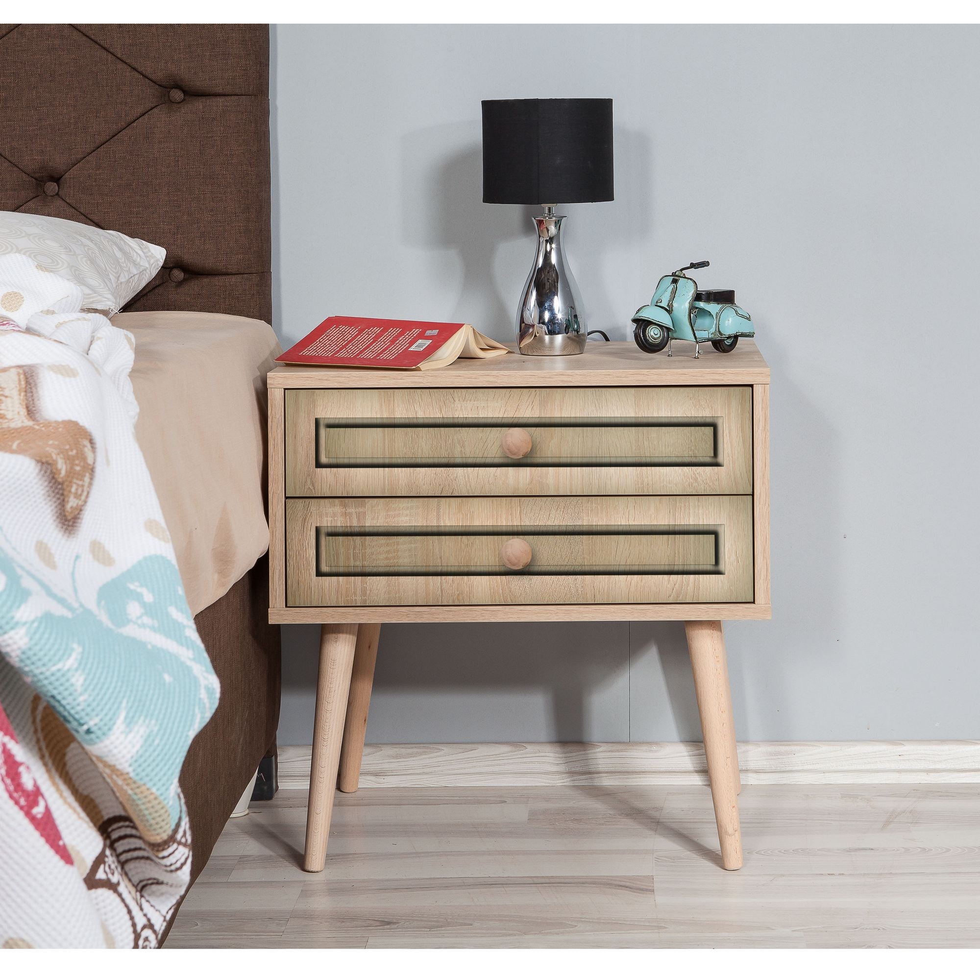 Mesa de cabeceira moderna com 2 gavetas, carvalho Sonoma, 60 x 61 x 40 cm | 100% revestida em melamina, pernas de madeira de carpa, puxadores de metal e corda | Design elegante e funcional