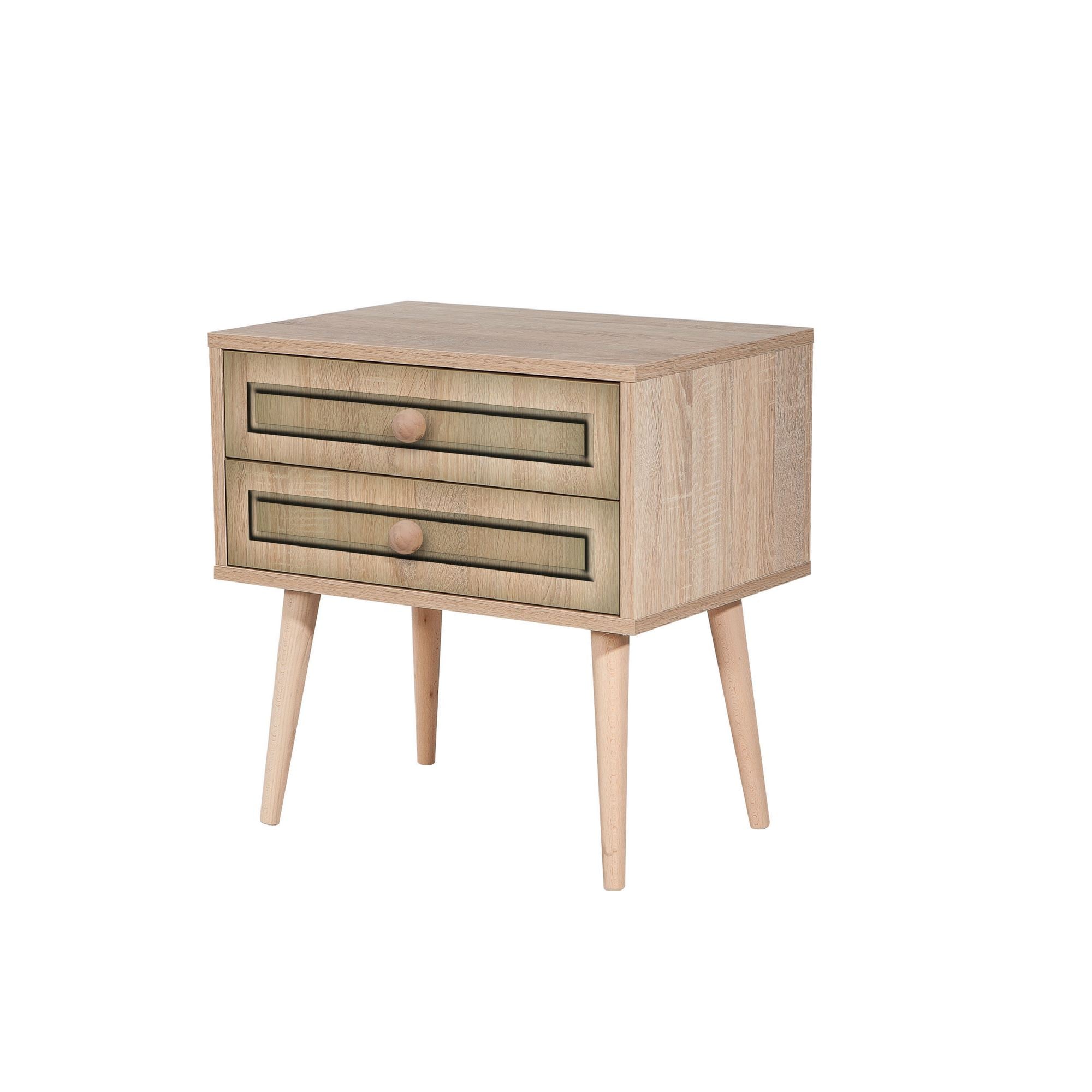 Mesa de cabeceira moderna com 2 gavetas, carvalho Sonoma, 60 x 61 x 40 cm | 100% revestida em melamina, pernas de madeira de carpa, puxadores de metal e corda | Design elegante e funcional