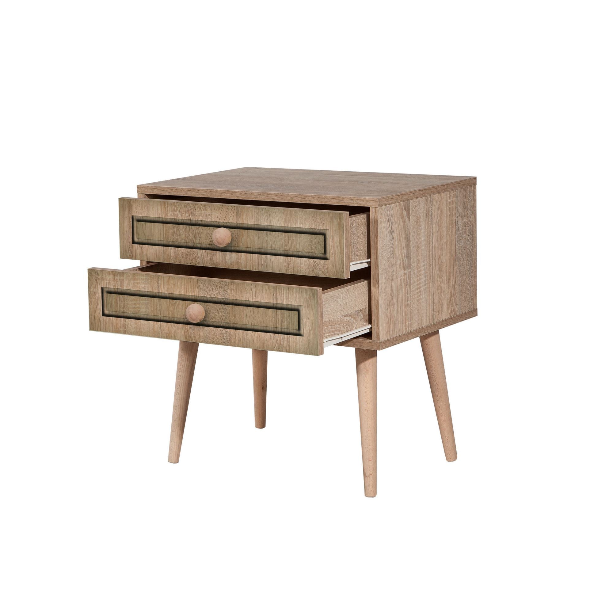 Mesa de cabeceira moderna com 2 gavetas, carvalho Sonoma, 60 x 61 x 40 cm | 100% revestida em melamina, pernas de madeira de carpa, puxadores de metal e corda | Design elegante e funcional