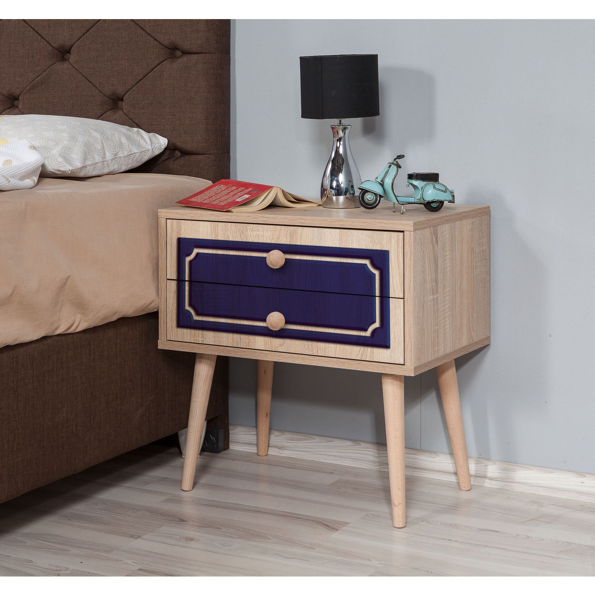 Mesa de cabeceira moderna com 2 gavetas, carvalho Sonoma, 60 x 61 x 40 cm | 100% revestida em melamina, pernas de madeira de carpa, puxadores de metal e corda | Design elegante e funcional