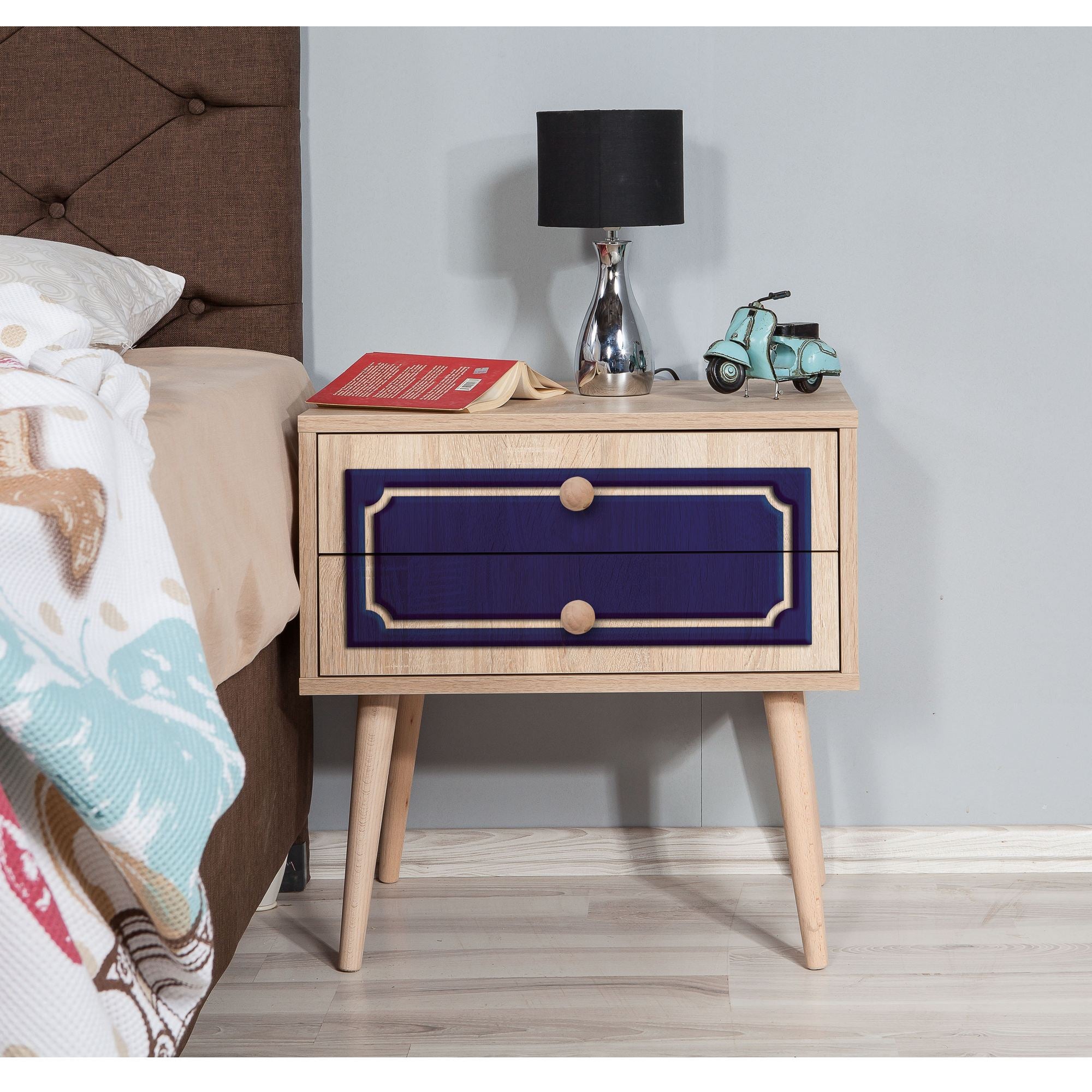 Mesa de cabeceira moderna com 2 gavetas, carvalho Sonoma, 60 x 61 x 40 cm | 100% revestida em melamina, pernas de madeira de carpa, puxadores de metal e corda | Design elegante e funcional