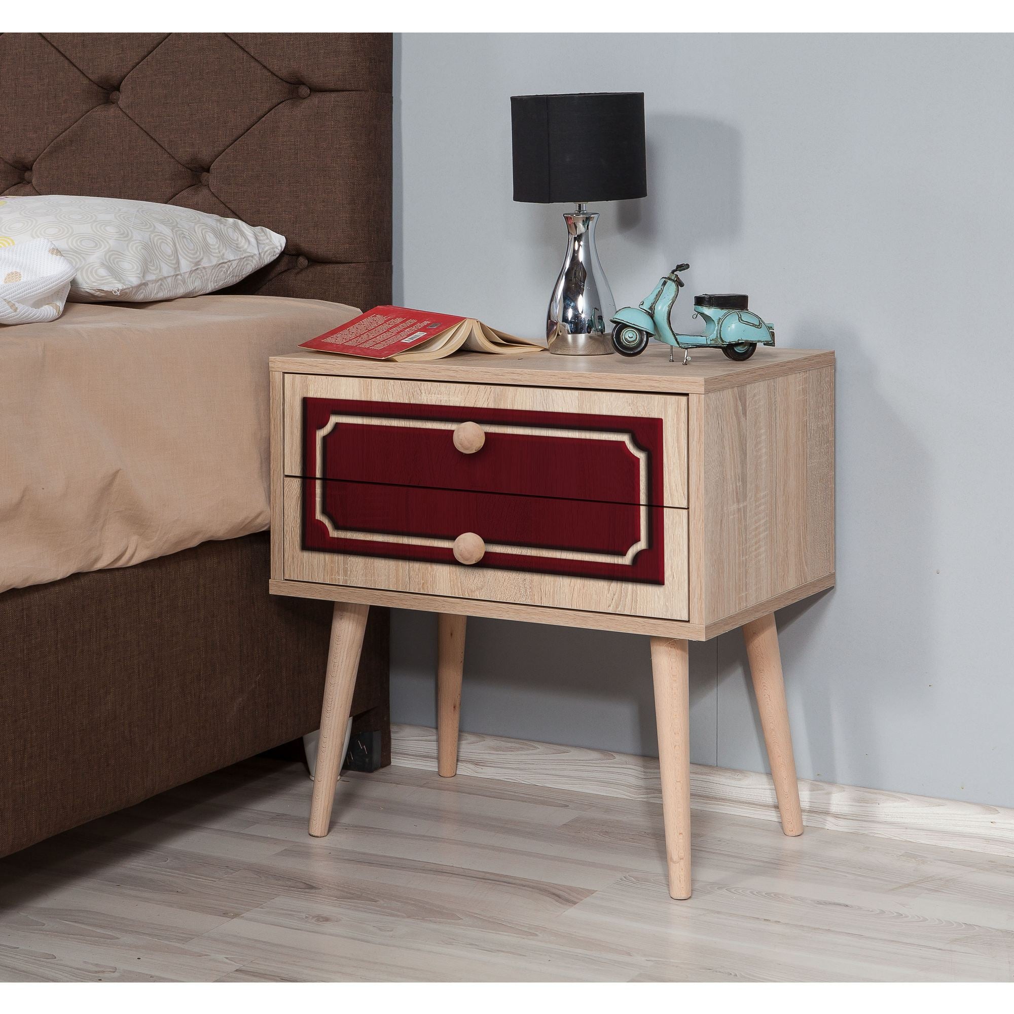 Mesa de cabeceira moderna com 2 gavetas, carvalho Sonoma, 60 x 61 x 40 cm | 100% melamina, pernas de madeira de carpa, revestimento UV | Elegante e funcional para qualquer quarto
