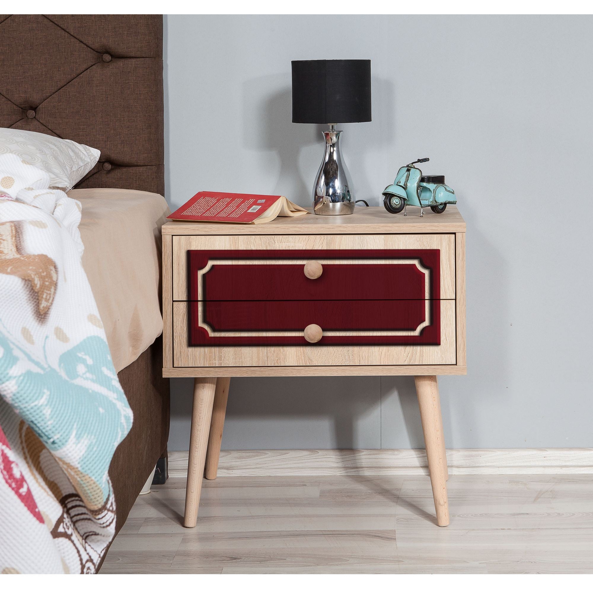 Mesa de cabeceira moderna com 2 gavetas, carvalho Sonoma, 60 x 61 x 40 cm | 100% melamina, pernas de madeira de carpa, revestimento UV | Elegante e funcional para qualquer quarto