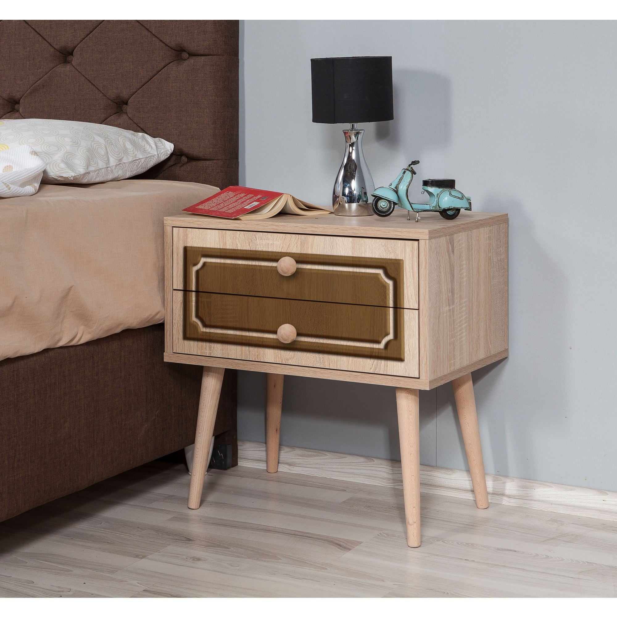 Mesa de cabeceira moderna com 2 gavetas, carvalho Sonoma, 60 x 61 x 40 cm | 100% melamina, pernas de madeira de carpa, revestimento UV | Elegante e funcional para qualquer quarto