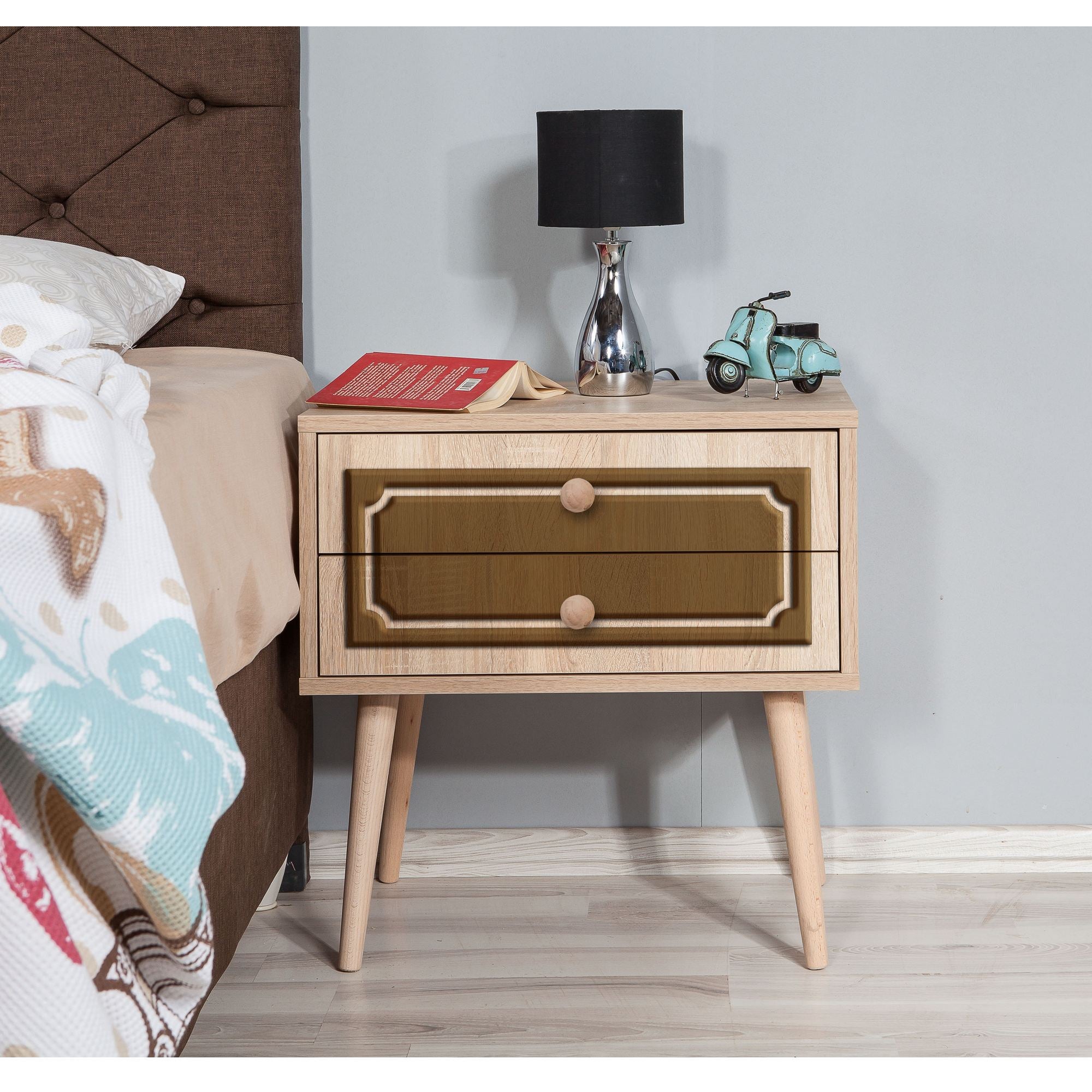 Mesa de cabeceira moderna com 2 gavetas, carvalho Sonoma, 60 x 61 x 40 cm | 100% melamina, pernas de madeira de carpa, revestimento UV | Elegante e funcional para qualquer quarto