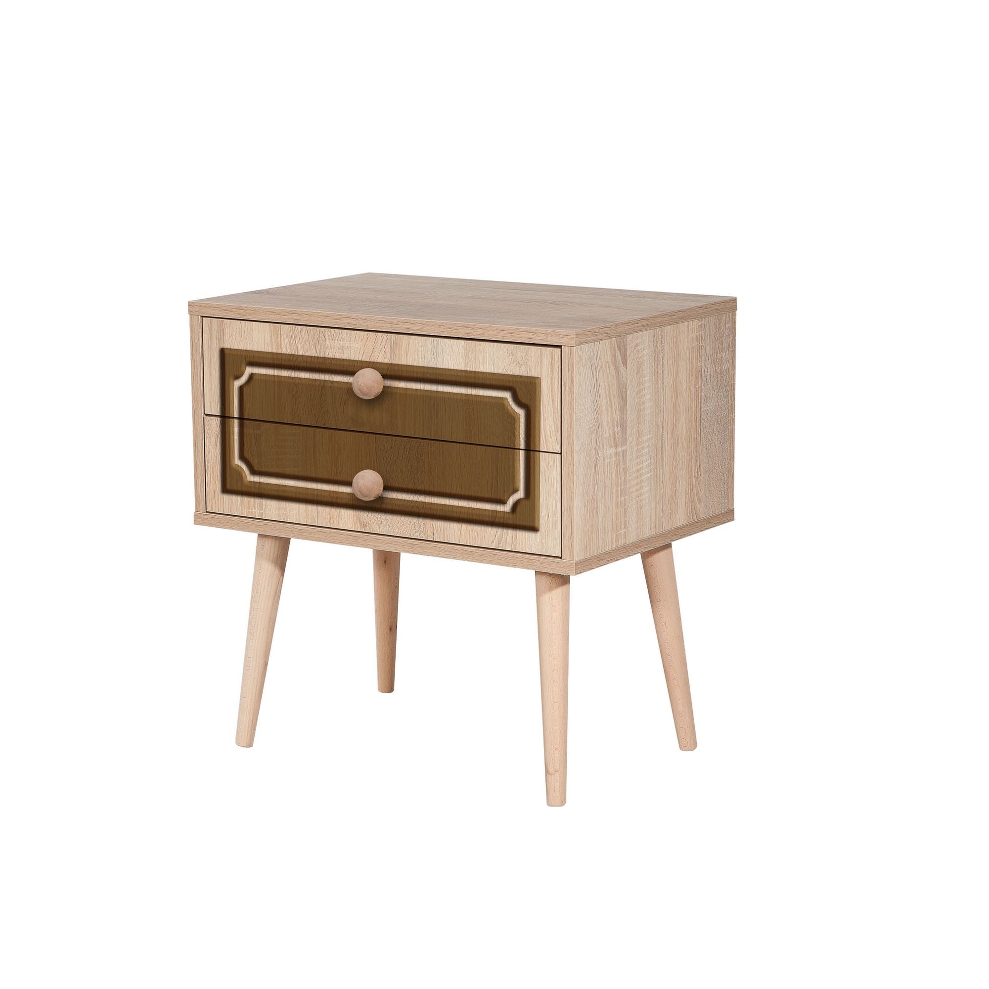 Mesa de cabeceira moderna com 2 gavetas, carvalho Sonoma, 60 x 61 x 40 cm | 100% melamina, pernas de madeira de carpa, revestimento UV | Elegante e funcional para qualquer quarto