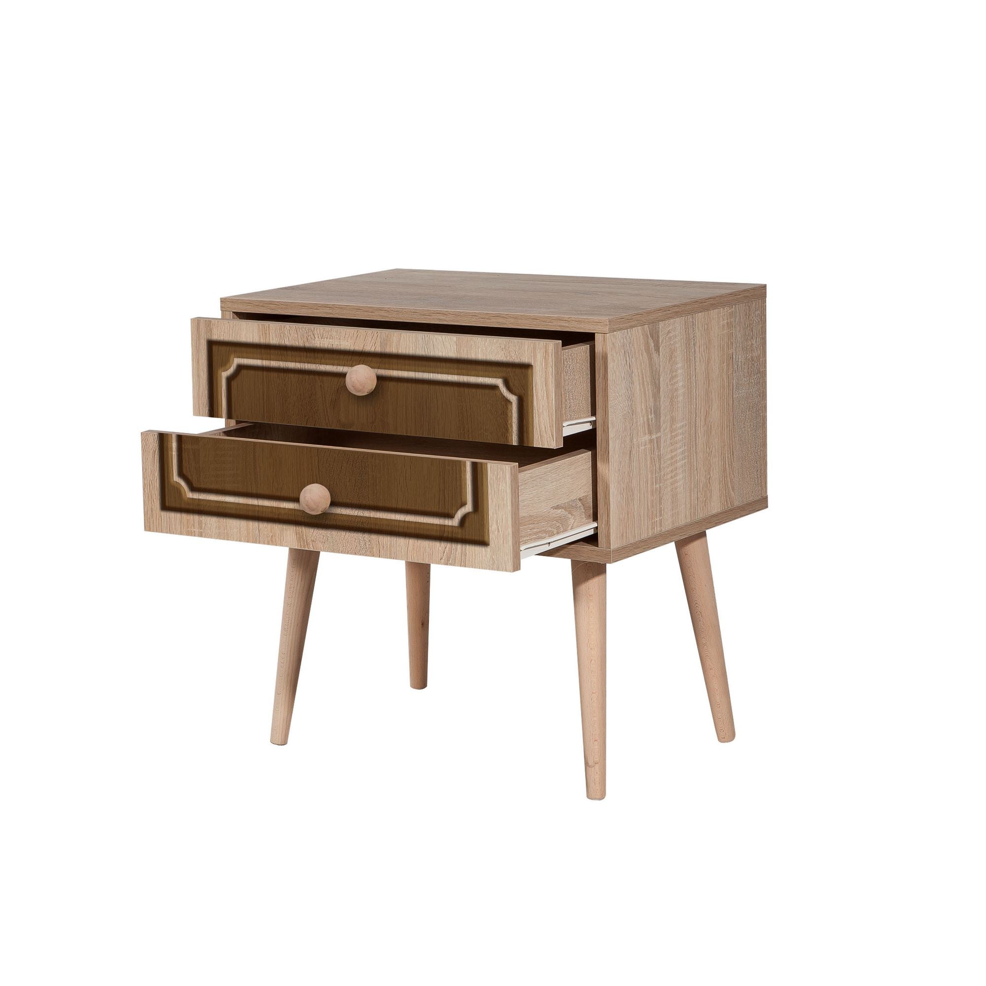 Mesa de cabeceira moderna com 2 gavetas, carvalho Sonoma, 60 x 61 x 40 cm | 100% melamina, pernas de madeira de carpa, revestimento UV | Elegante e funcional para qualquer quarto