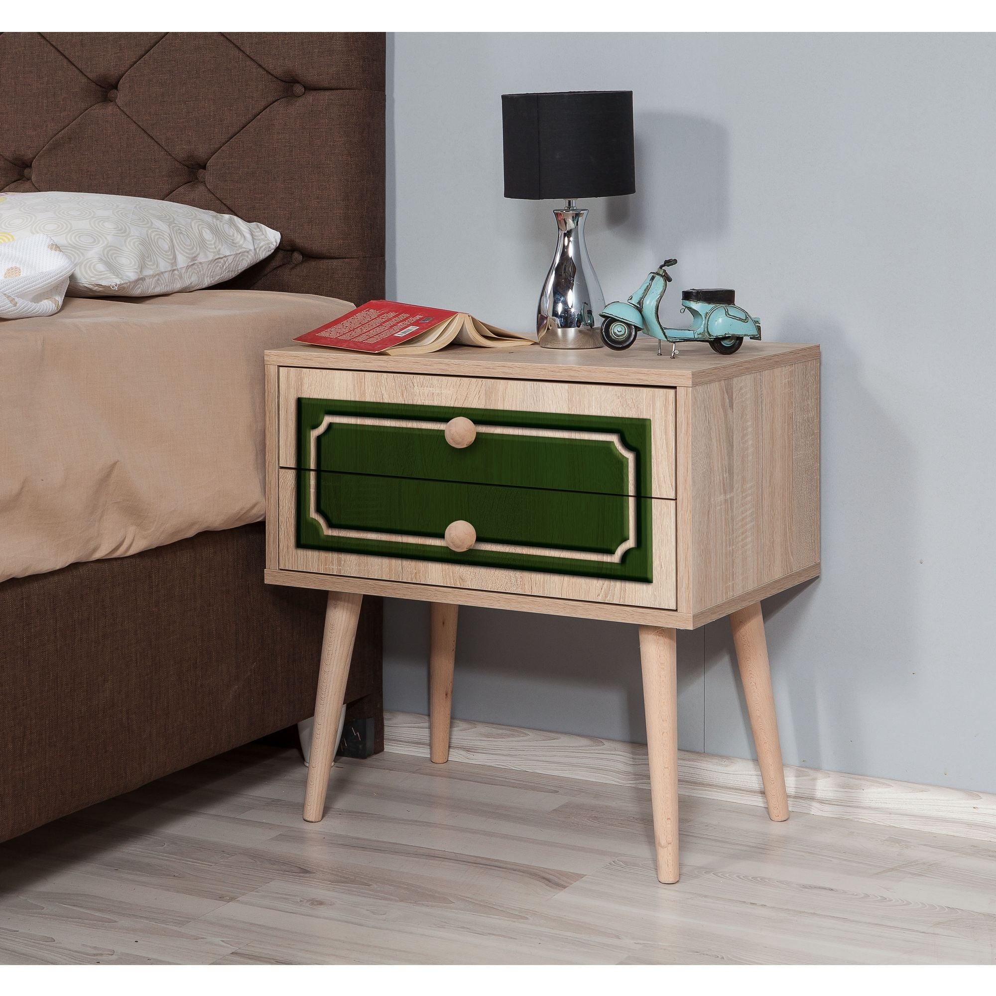 Mesa de cabeceira moderna com 2 gavetas, carvalho Sonoma, 60 x 61 x 40 cm | 100% revestida em melamina, pernas de madeira de carpa, puxadores de metal e corda | Design elegante e funcional