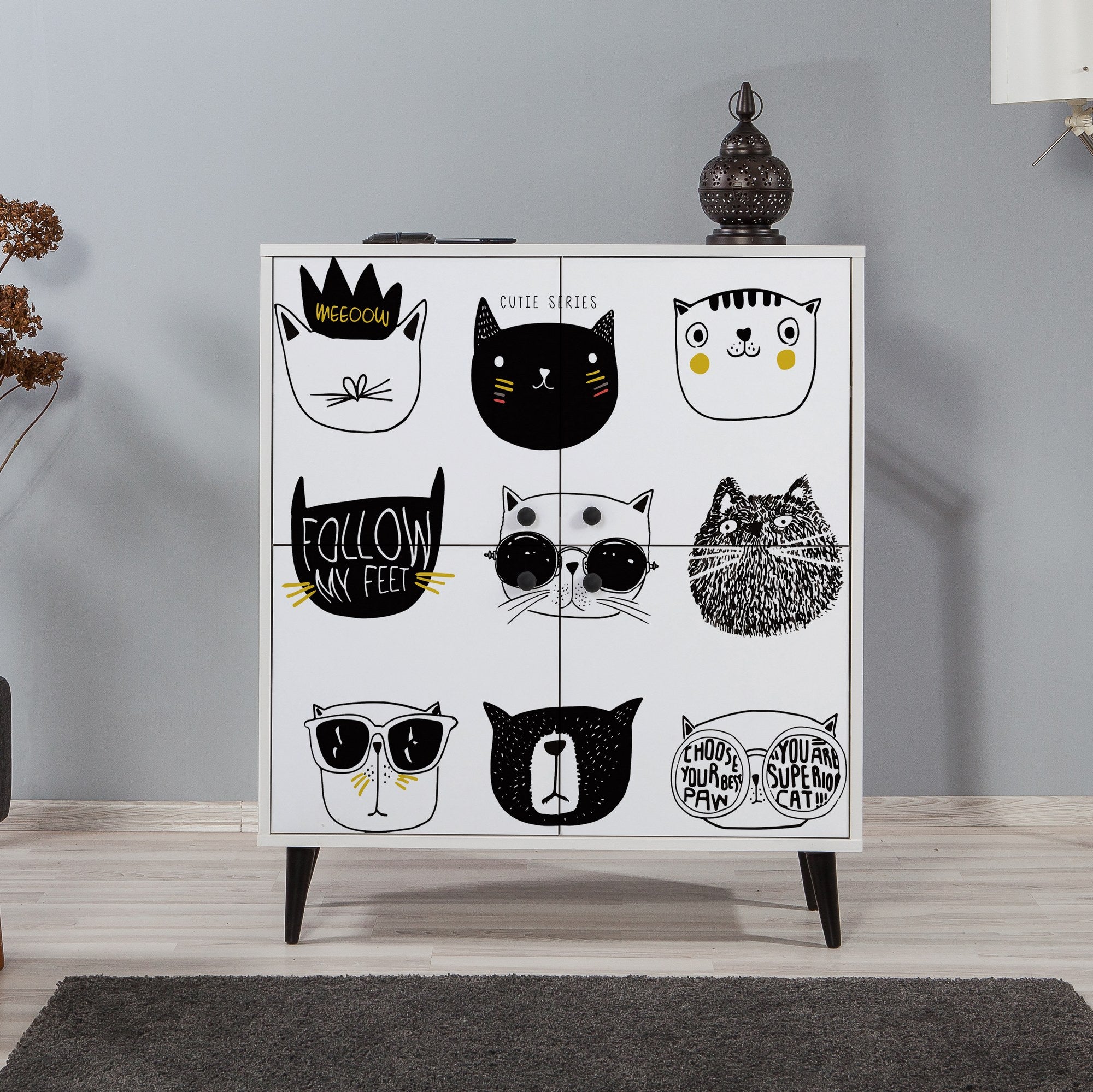 Armário multifunções – 95x111x36 cm – Branco/Preto/Amarelo – 100% painel de partículas revestido a melamina