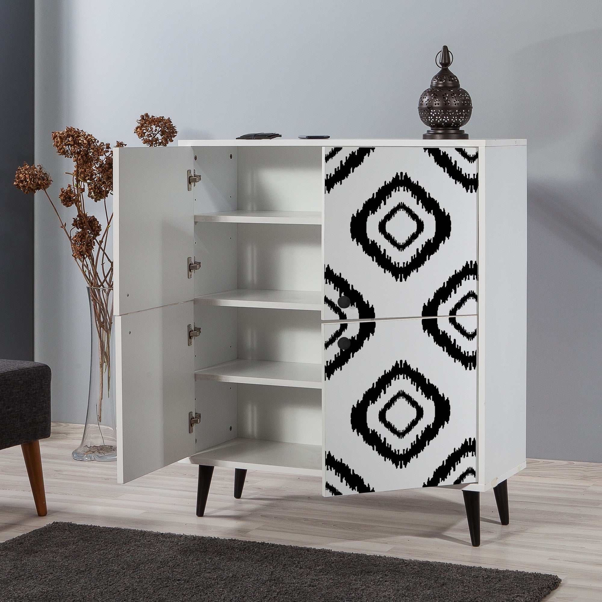 Armário moderno multiuso – 95 x 111 x 36 cm – branco e preto – melamina