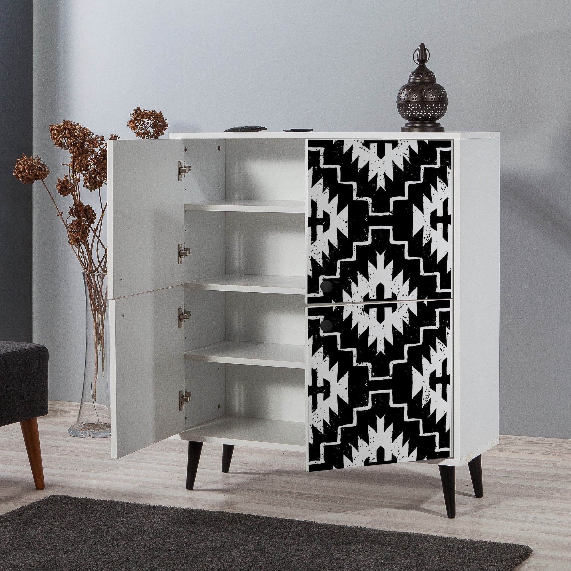 Armário moderno multiusos – 95 x 111 x 36 cm – preto e branco – melamina
