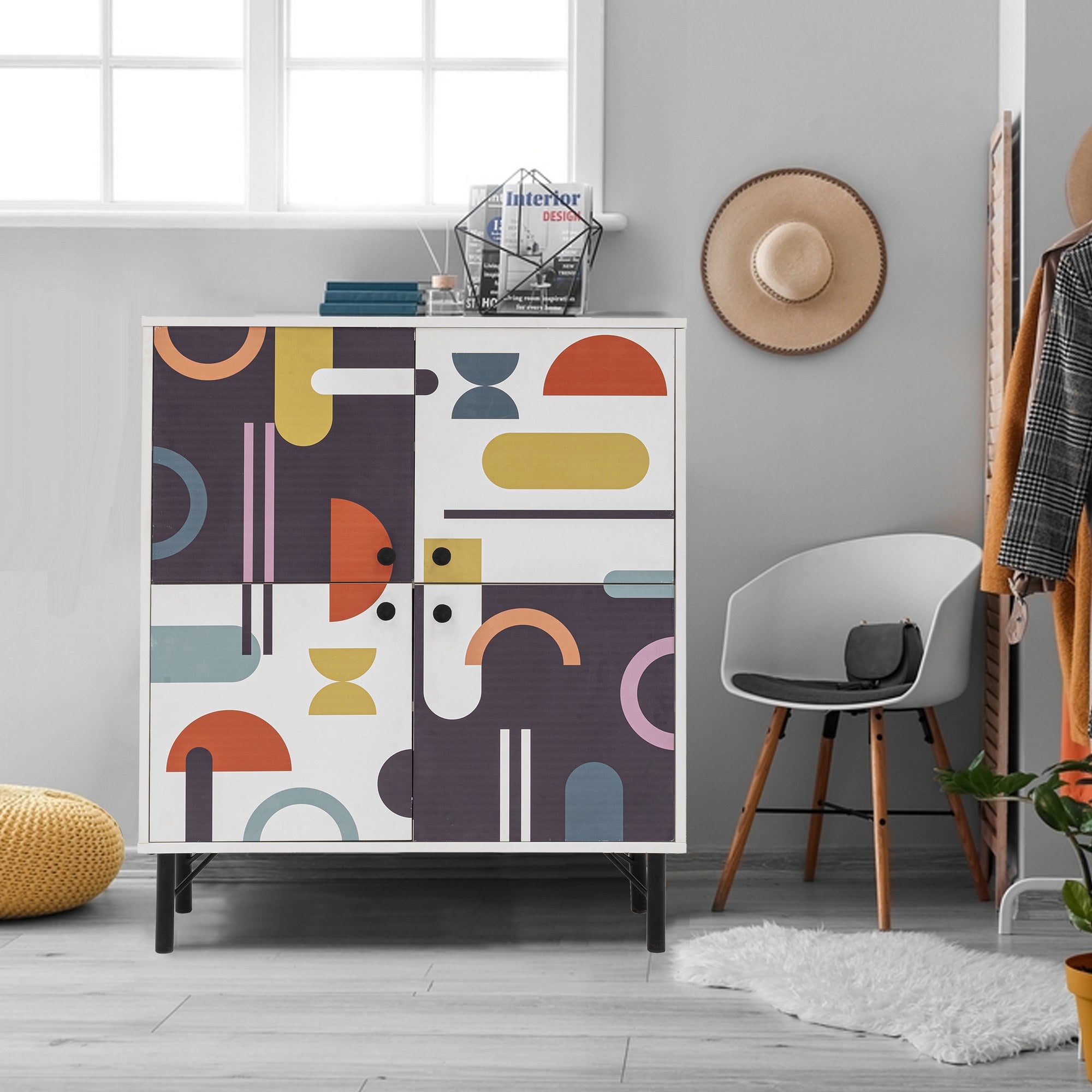 Armário multifuncional – 95 cm x 111 cm x 36 cm – Branco, Castanho, Roxo, Mostarda – Melamina