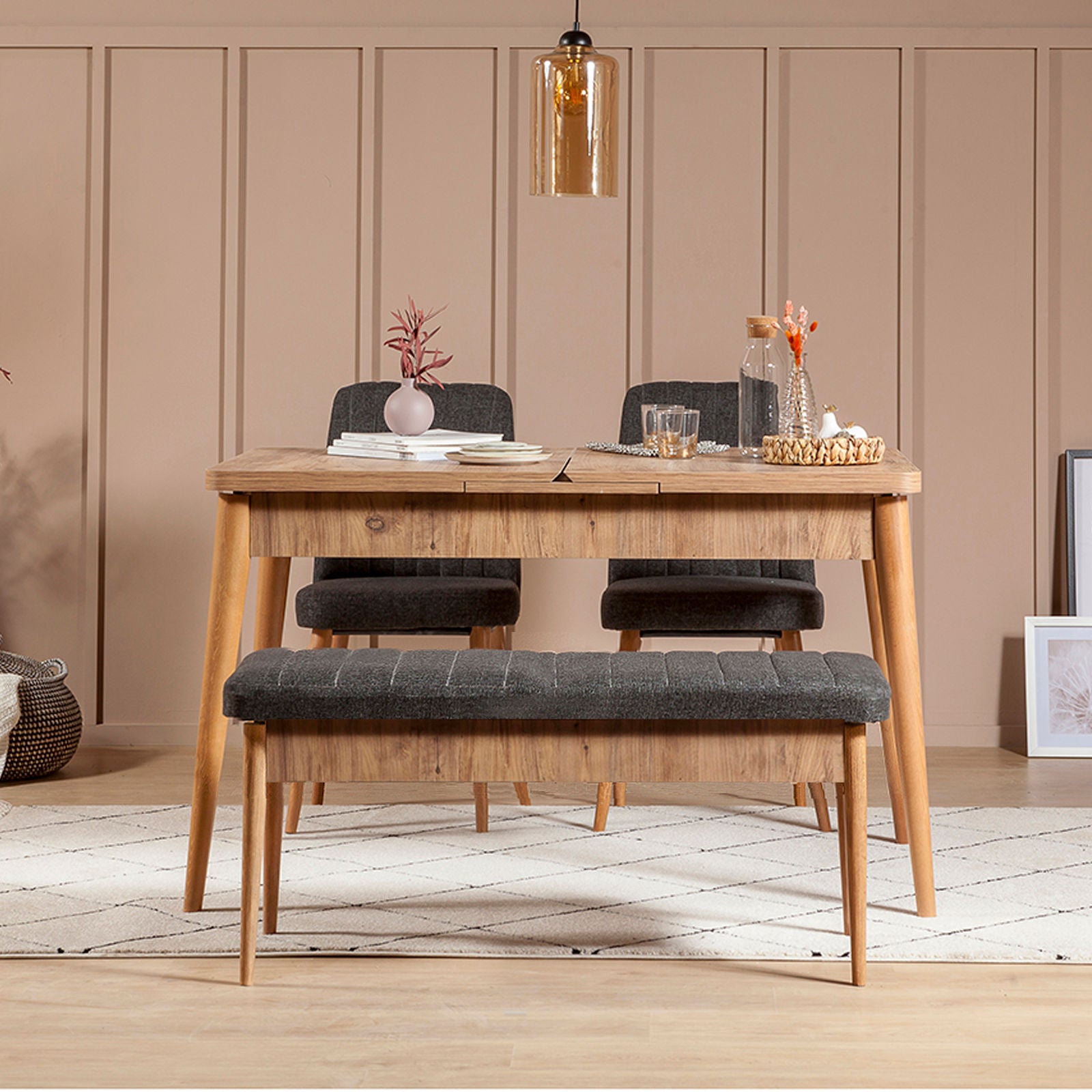 Conjunto de mesa de jantar extensível e cadeiras (4 peças), pinho do Atlântico e antracite, 130-165 cm | 100% revestido em melamina, tecido de linho, design escandinavo rústico