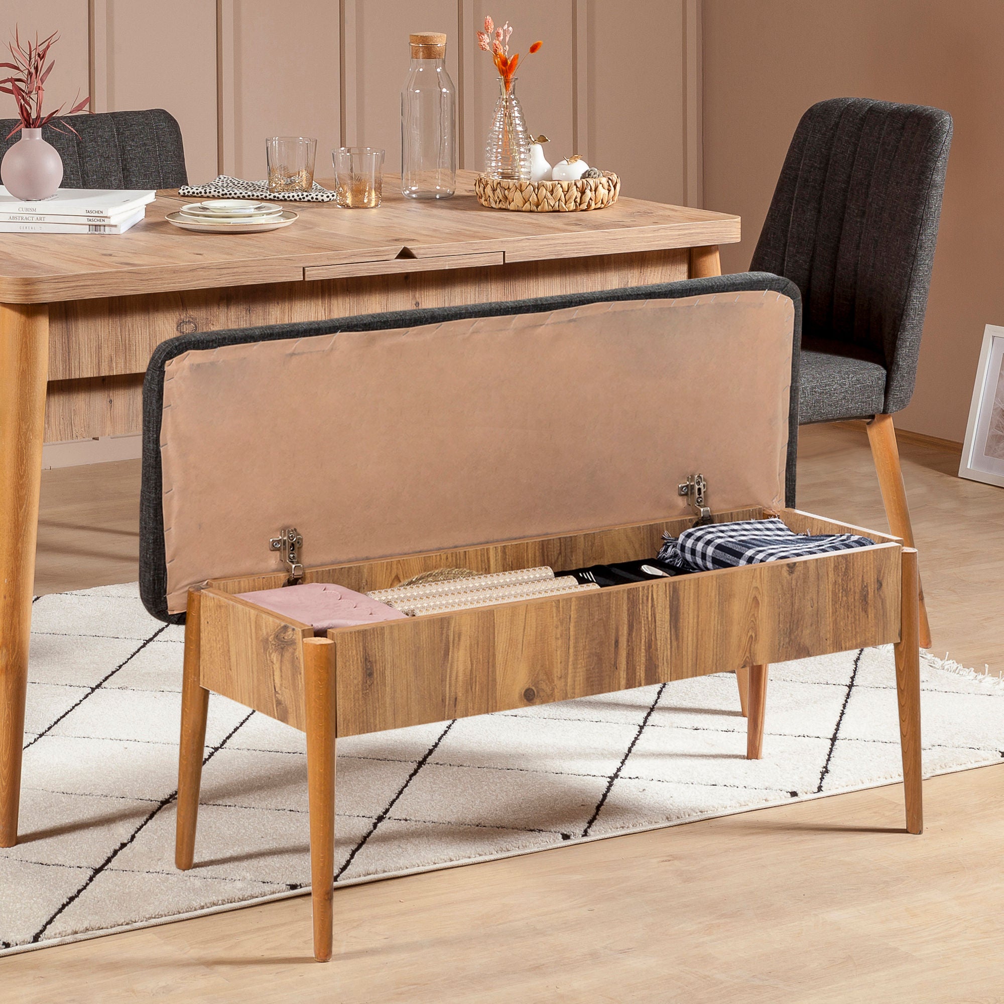 Conjunto de mesa de jantar extensível e cadeiras (4 peças), pinho do Atlântico e antracite, 130-165 cm | 100% revestido em melamina, tecido de linho, design escandinavo rústico