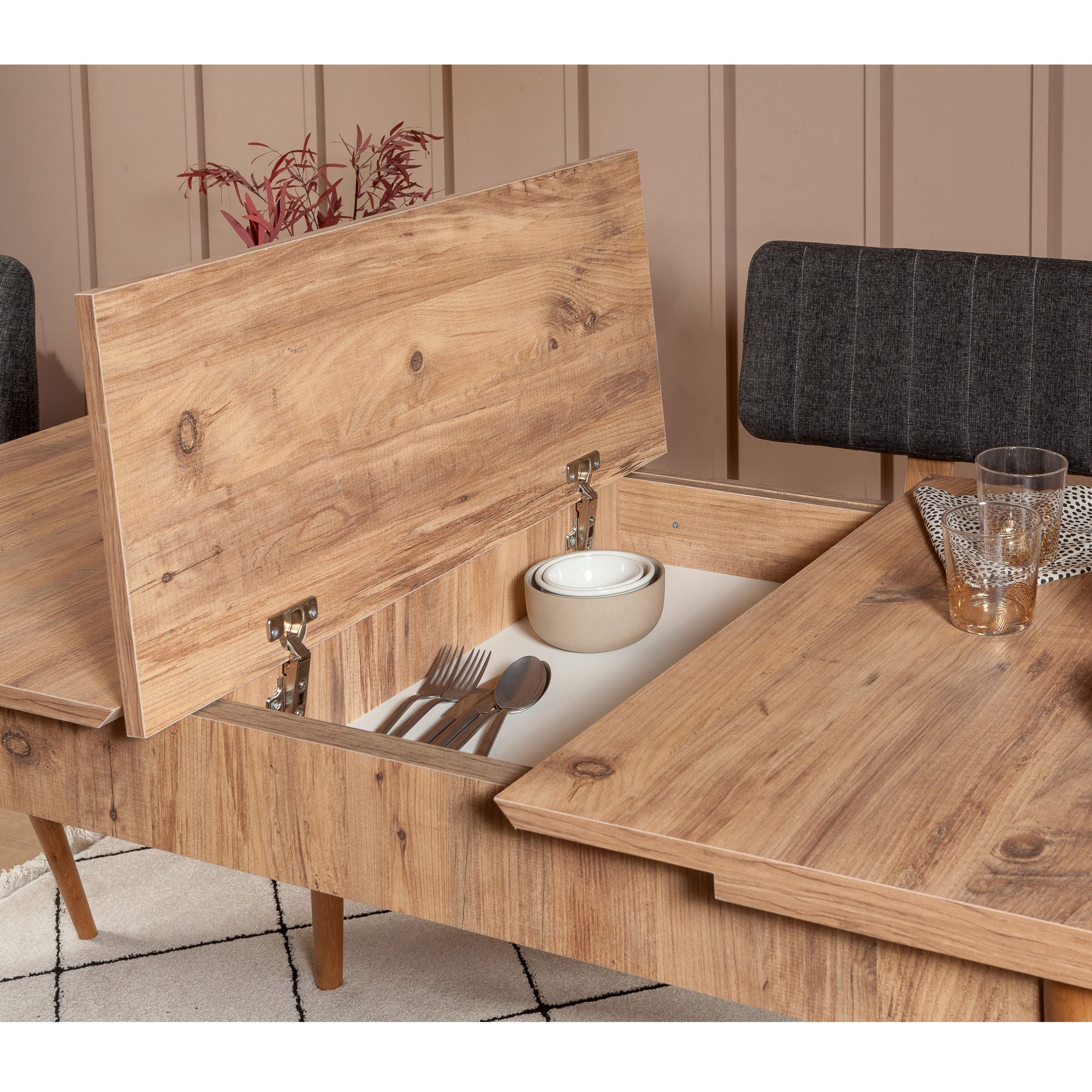 Conjunto de mesa de jantar extensível e cadeiras (4 peças), pinho do Atlântico e antracite, 130-165 cm | 100% revestido em melamina, tecido de linho, design escandinavo rústico