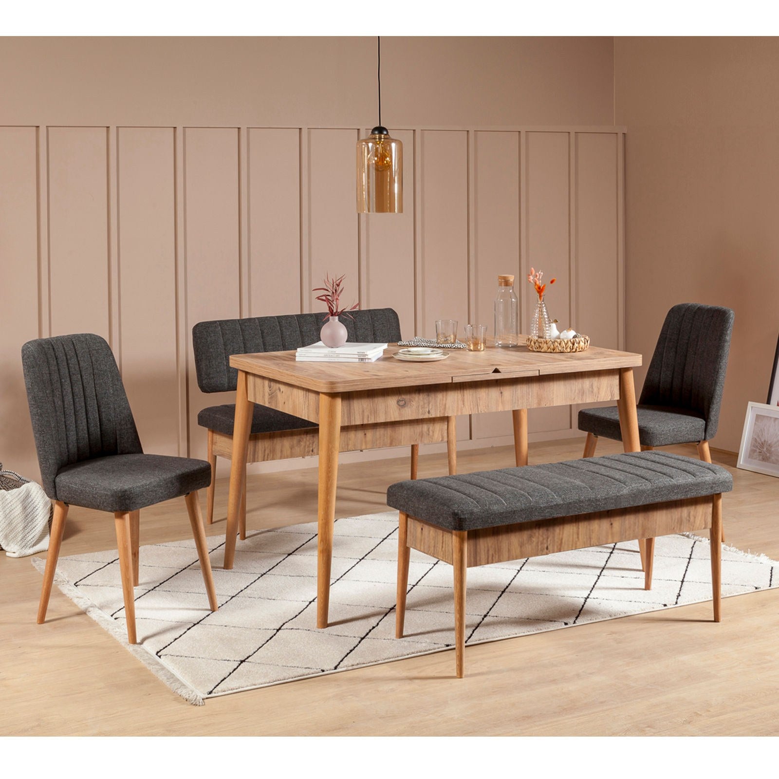 Conjunto de mesa de jantar extensível e cadeiras (5 peças), pinho do Atlântico e antracite | 100% revestido em melamina, pernas de madeira de carpa | Design rústico moderno, perfeito para reuniões familiares