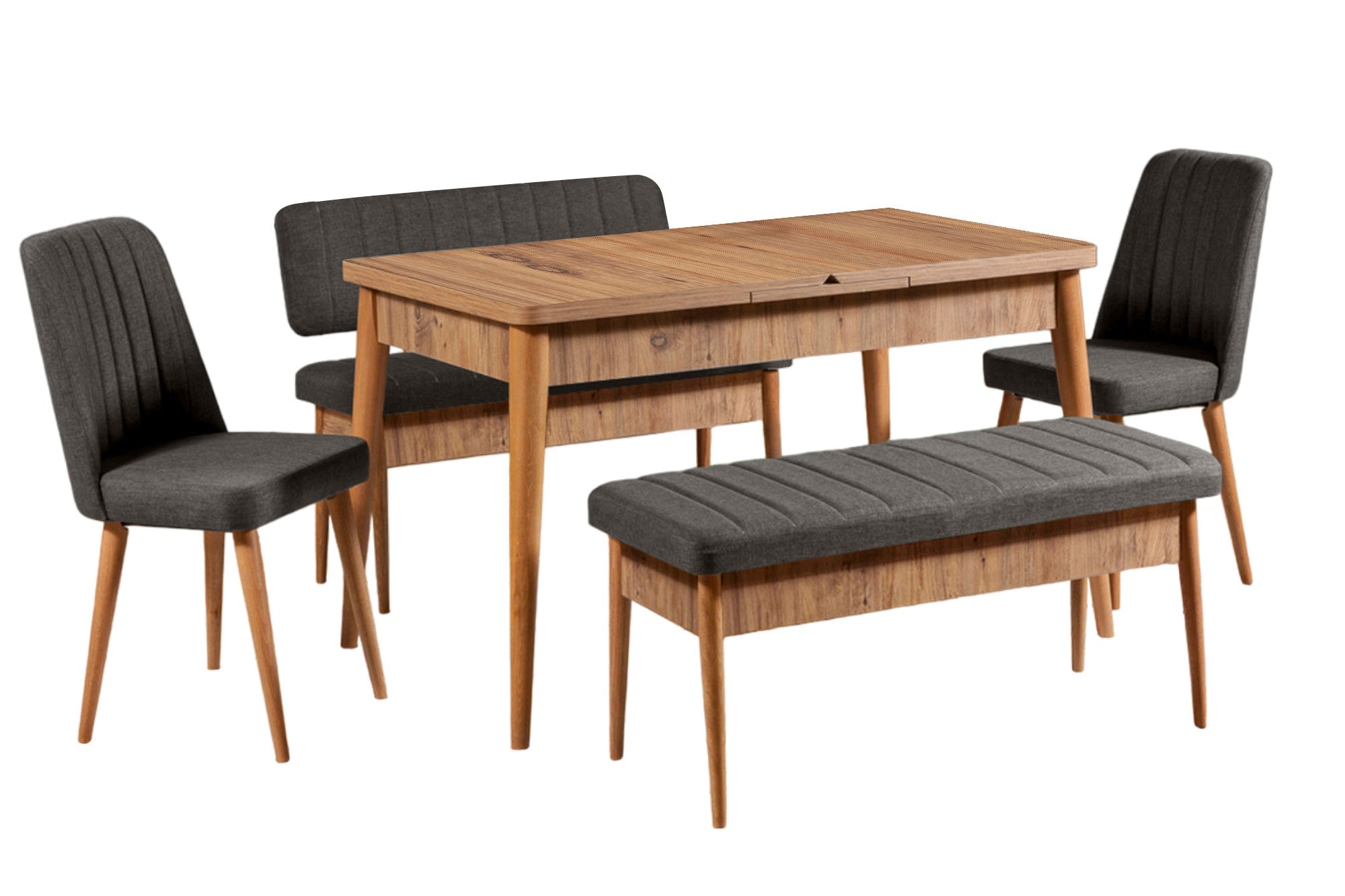 Conjunto de mesa de jantar extensível e cadeiras (5 peças), pinho do Atlântico e antracite | 100% revestido em melamina, pernas de madeira de carpa | Design rústico moderno, perfeito para reuniões familiares