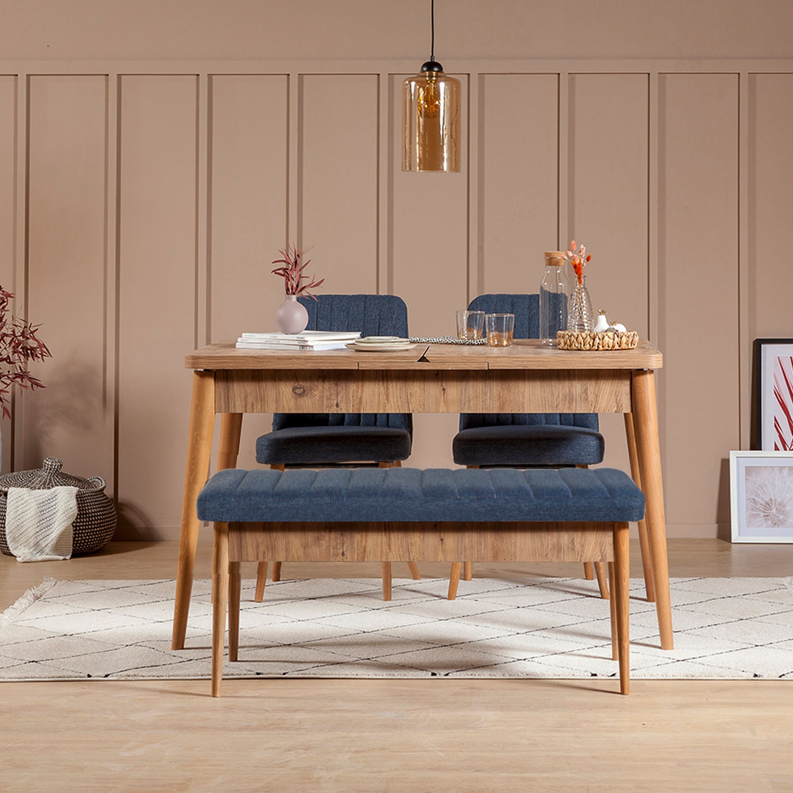 Conjunto de mesa de jantar extensível e cadeiras (4 peças), pinho atlântico e azul-escuro | 100% melamina, pernas de madeira de carpa | Design rústico moderno, perfeito para salas de jantar