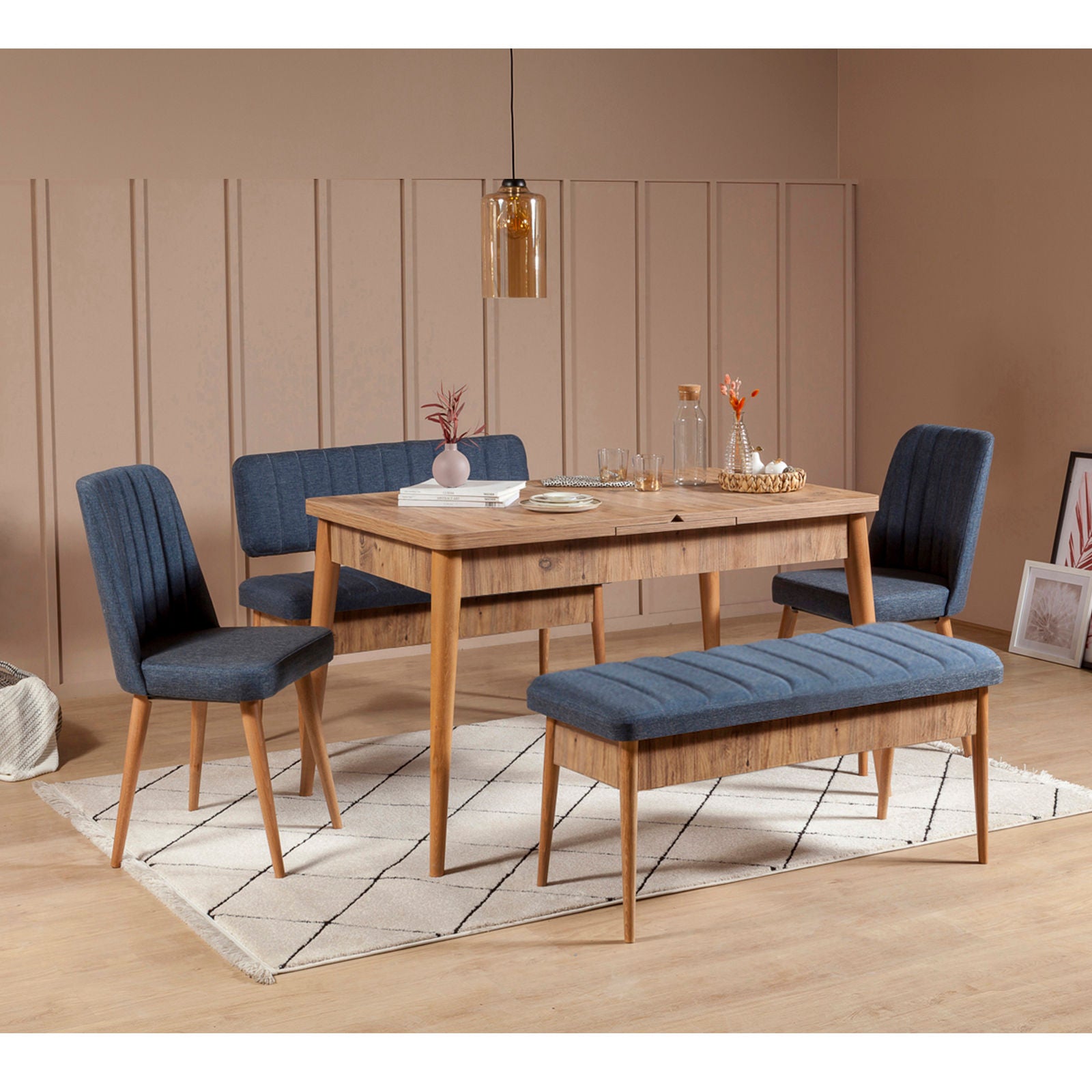 Conjunto de mesa de jantar extensível e cadeiras (5 peças), pinho atlântico e azul escuro, 130-165 cm | 100% melamina, tecido de linho, design escandinavo rústico