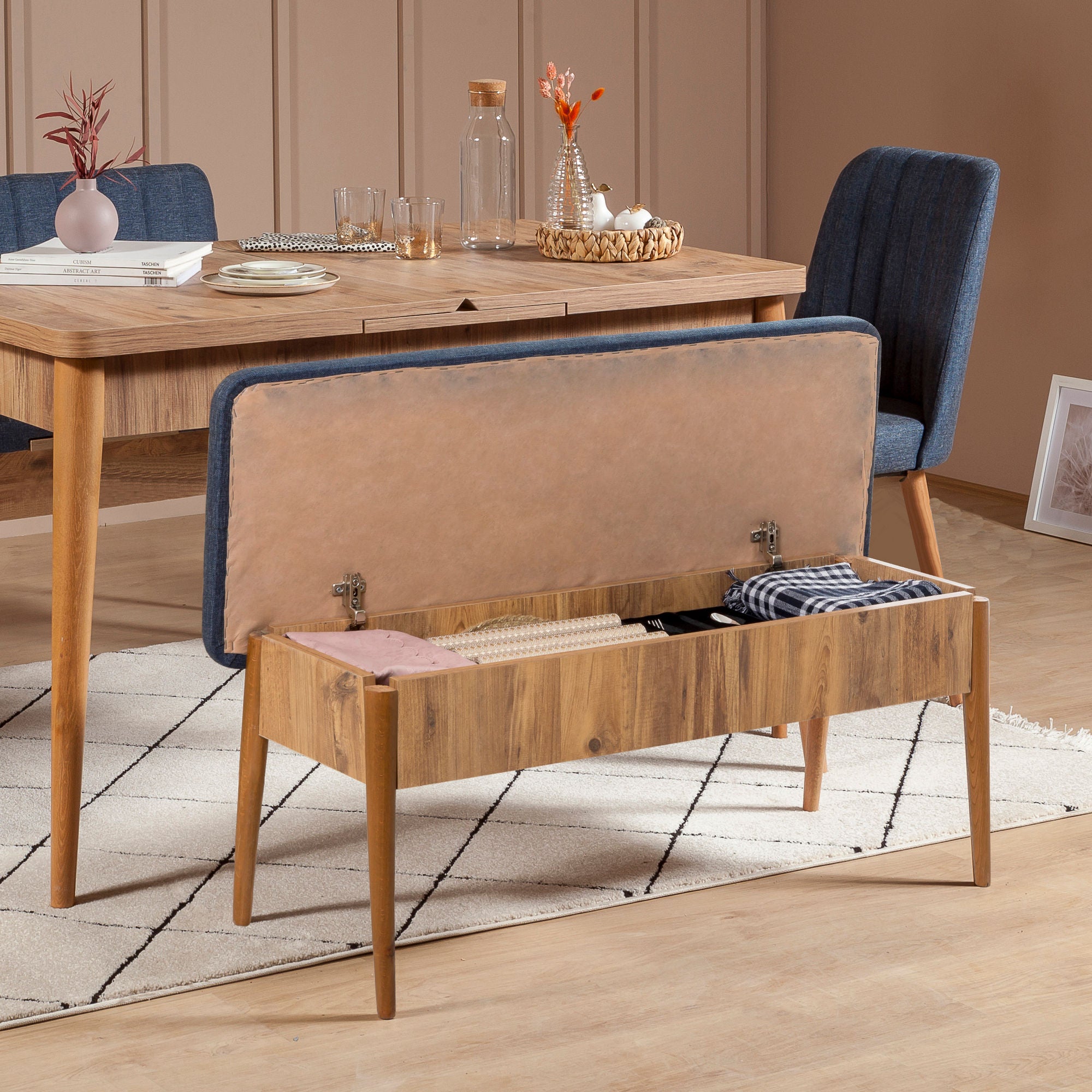Conjunto de mesa de jantar extensível e cadeiras (5 peças), pinho atlântico e azul escuro, 130-165 cm | 100% melamina, tecido de linho, design escandinavo rústico