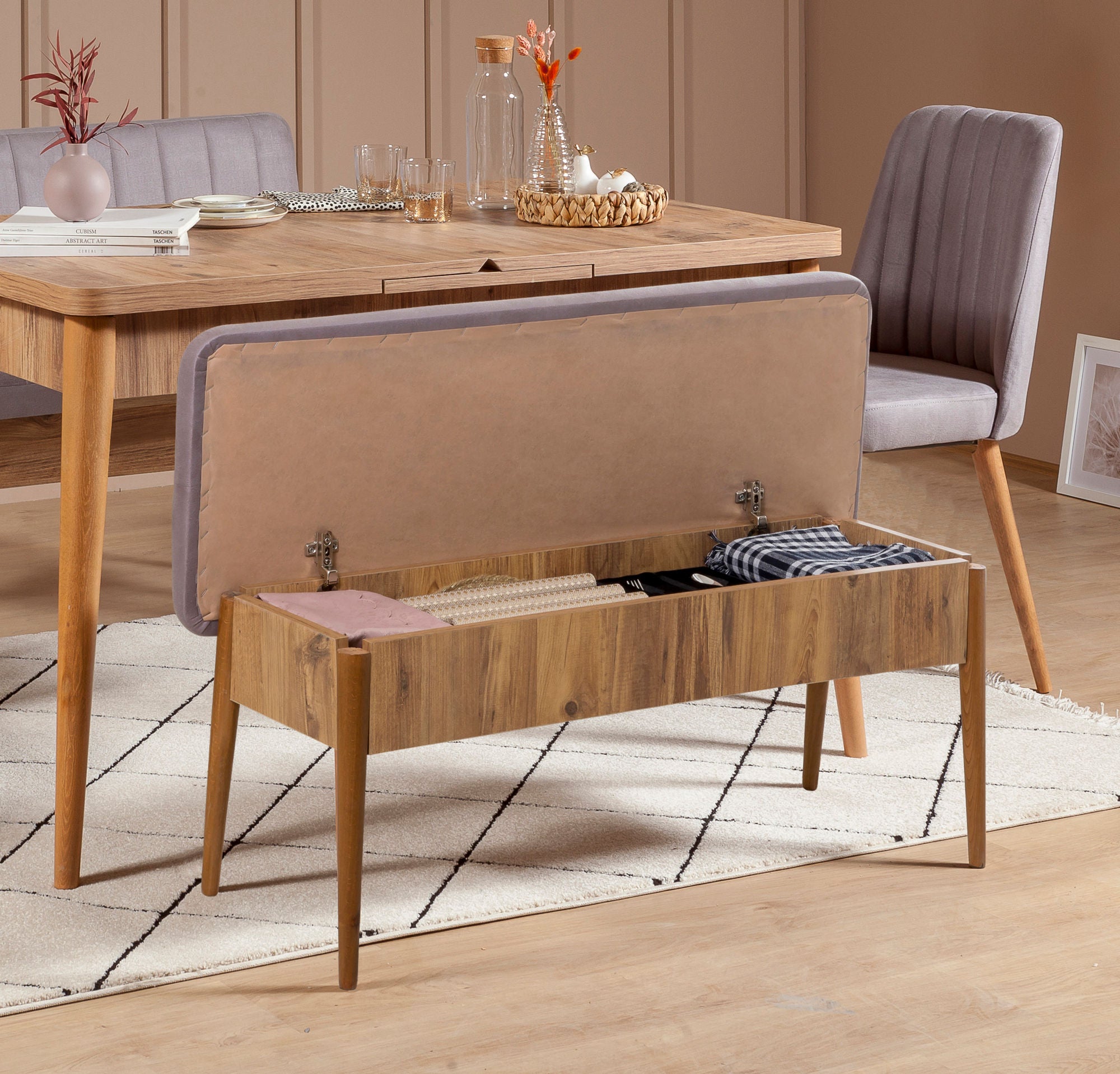 Conjunto de mesa de jantar extensível e cadeiras (5 peças), pinho atlântico e Soho, 130-165 cm | 100% veludo, pernas de madeira de carpa | Design rústico moderno para refeições elegantes
