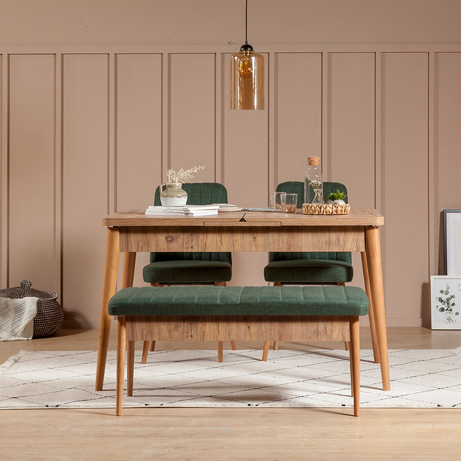 Conjunto de mesa de jantar extensível e cadeiras (4 peças), pinho atlântico e verde, 130-165 cm | 100% melamina, tecido de linho, design escandinavo rústico