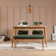 Conjunto de mesa de jantar extensível e cadeiras (4 peças), pinho atlântico e verde, 130-165 cm | 100% melamina, tecido de linho, design escandinavo rústico