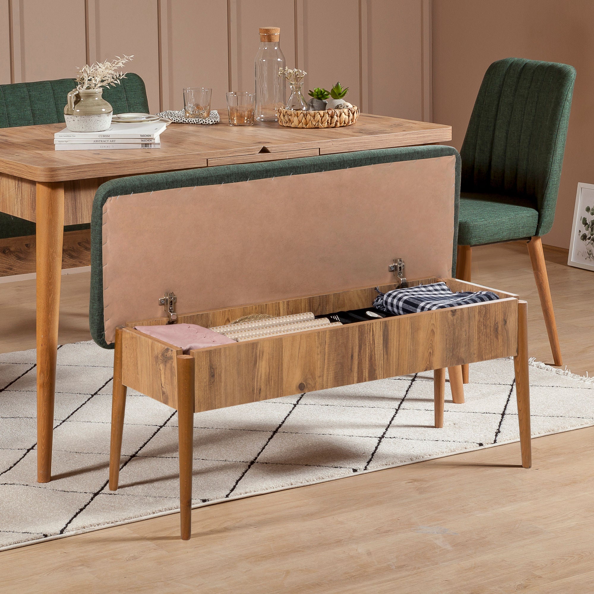 Conjunto de mesa de jantar extensível e cadeiras (4 peças), pinho atlântico e verde, 130-165 cm | 100% melamina, tecido de linho, design escandinavo rústico