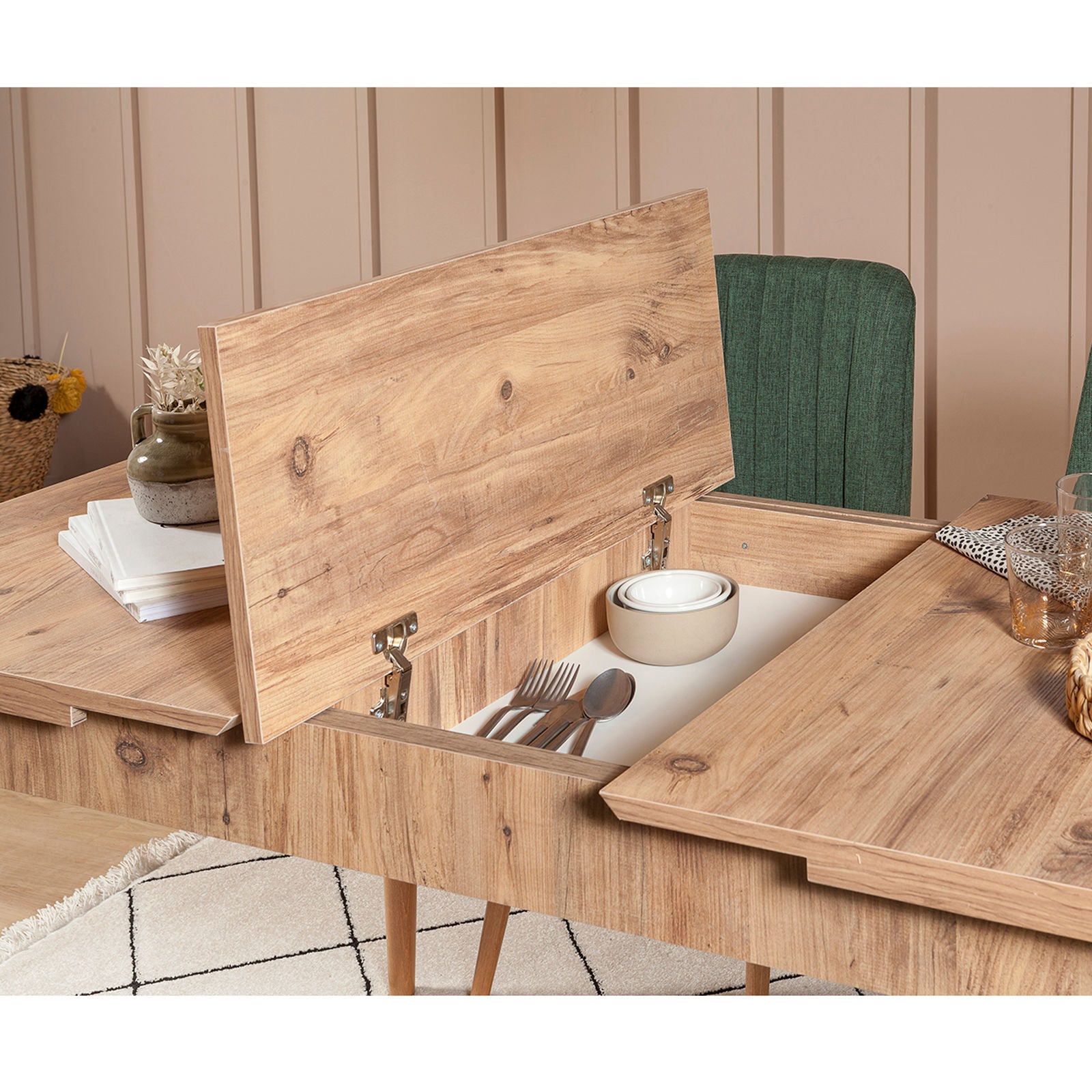 Conjunto de mesa de jantar extensível e cadeiras (4 peças), pinho atlântico e verde, 130-165 cm | 100% melamina, tecido de linho, design escandinavo rústico