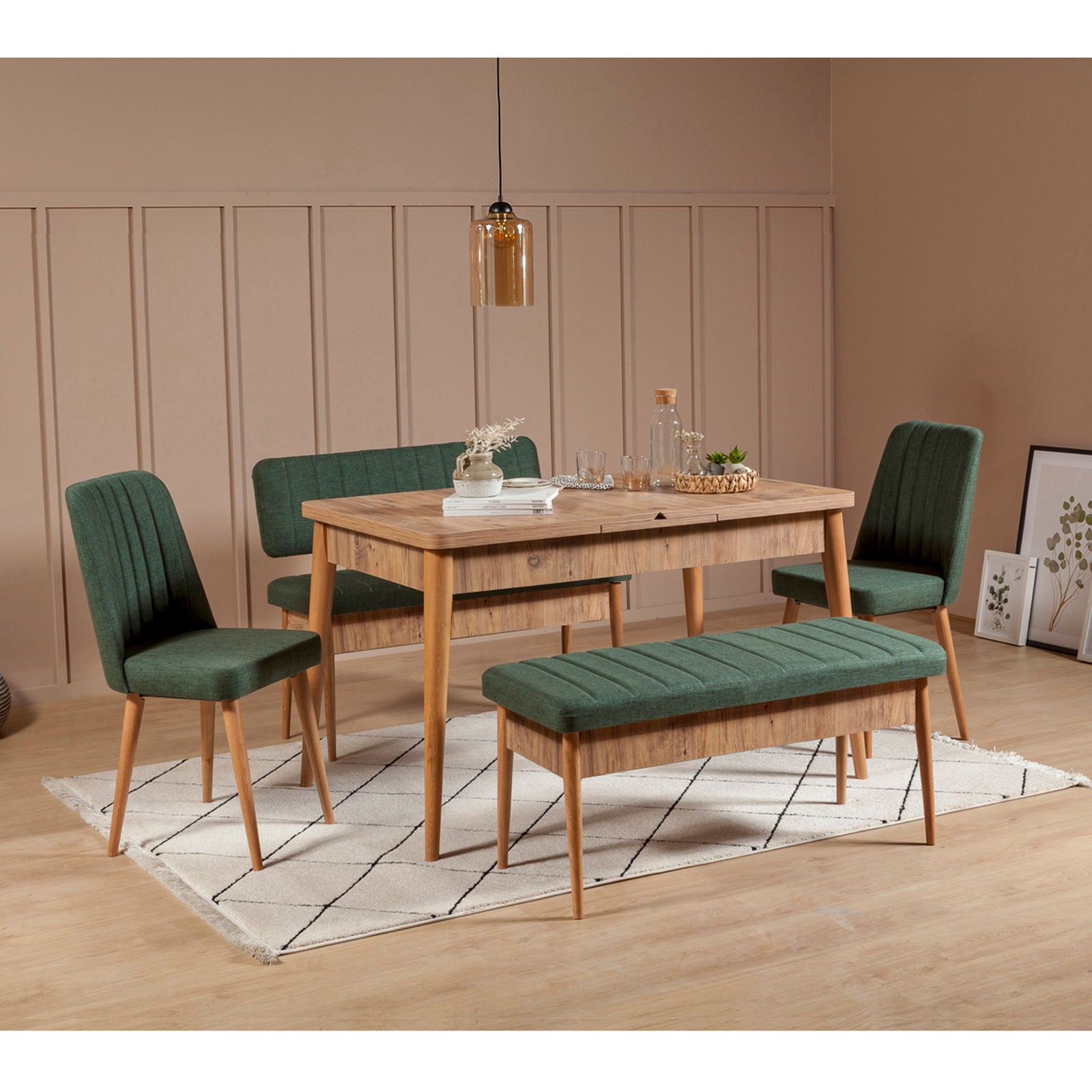 Conjunto de mesa de jantar extensível e cadeiras (5 peças), pinho atlântico e verde | 100% revestido em melamina, pernas de madeira de carpa | Design rústico moderno, perfeito para reuniões familiares