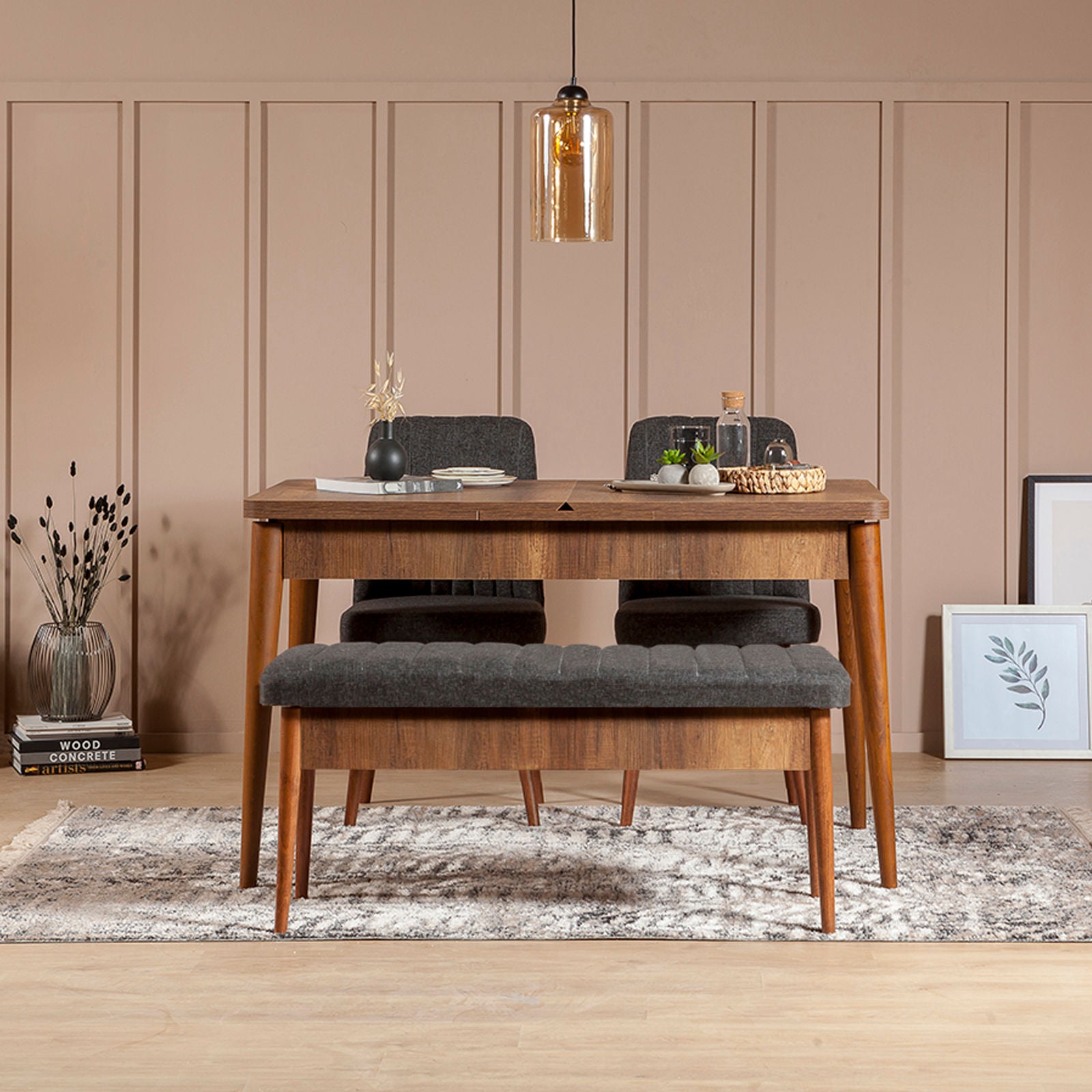 Conjunto de mesa de jantar extensível e cadeiras (4 peças), nogueira e antracite | 100% revestido em melamina, pernas de madeira de carpa | Design rústico moderno, perfeito para salas de jantar