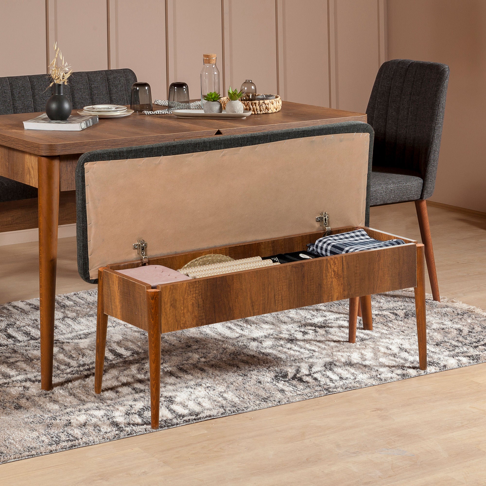 Conjunto de mesa de jantar extensível e cadeiras (4 peças), nogueira e antracite | 100% revestido em melamina, pernas de madeira de carpa | Design rústico moderno, perfeito para salas de jantar