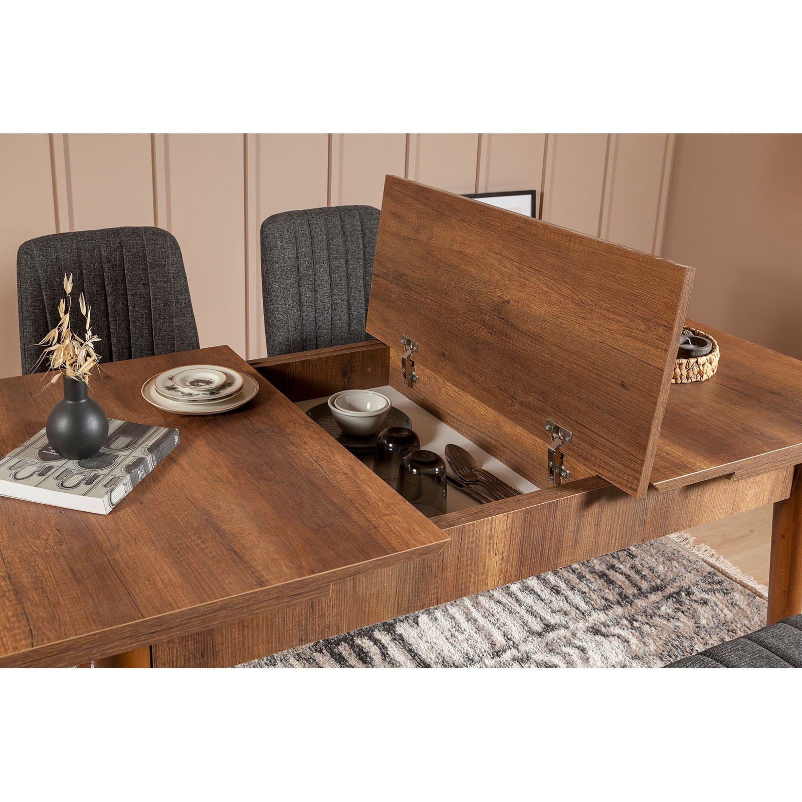 Conjunto de mesa de jantar extensível e cadeiras (4 peças), nogueira e antracite | 100% revestido em melamina, pernas de madeira de carpa | Design rústico moderno, perfeito para salas de jantar