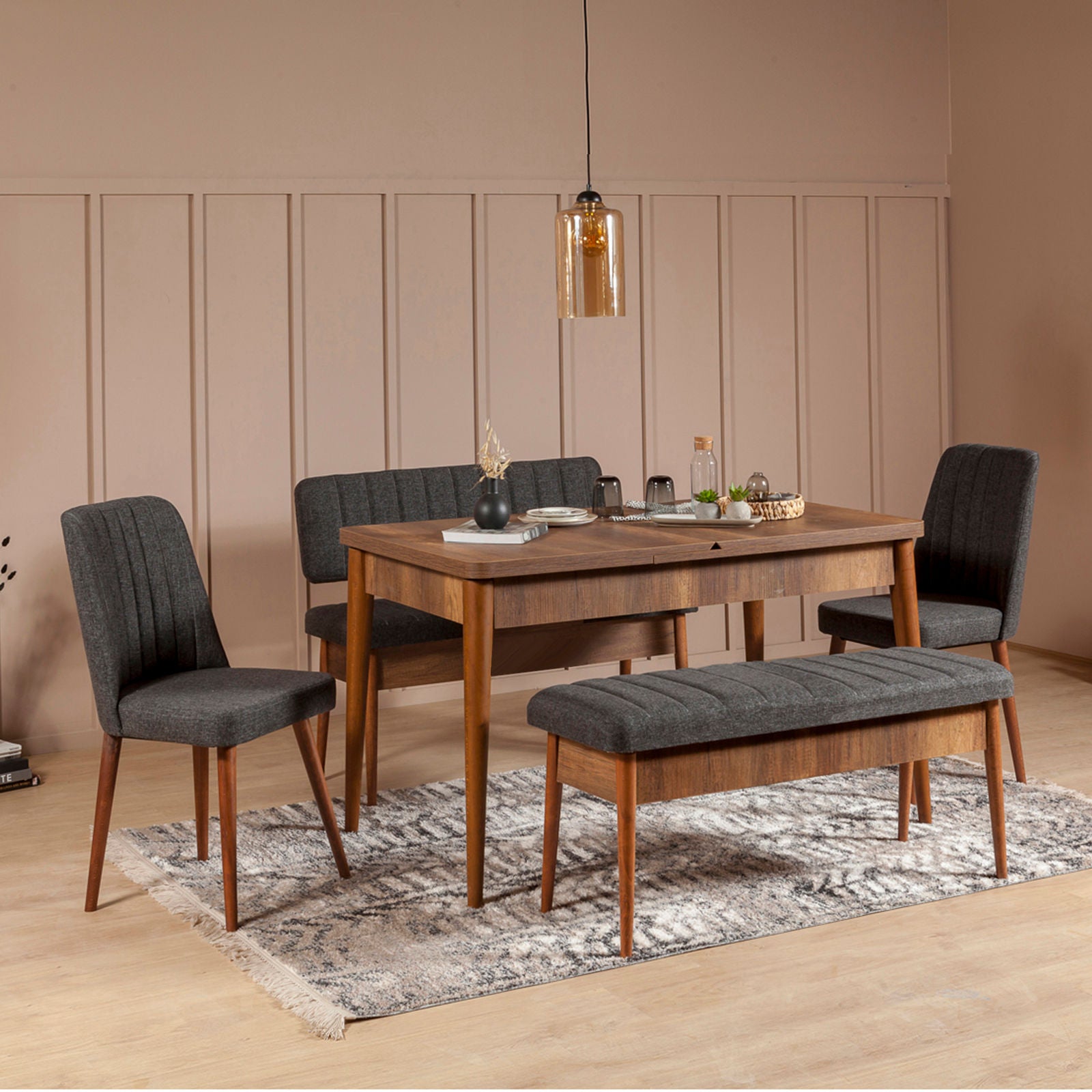 Conjunto de mesa de jantar extensível e cadeiras (5 peças), nogueira e antracite | 100% revestido em melamina, tecido de linho, pernas de madeira de carpa | Design rústico moderno, perfeito para reuniões familiares