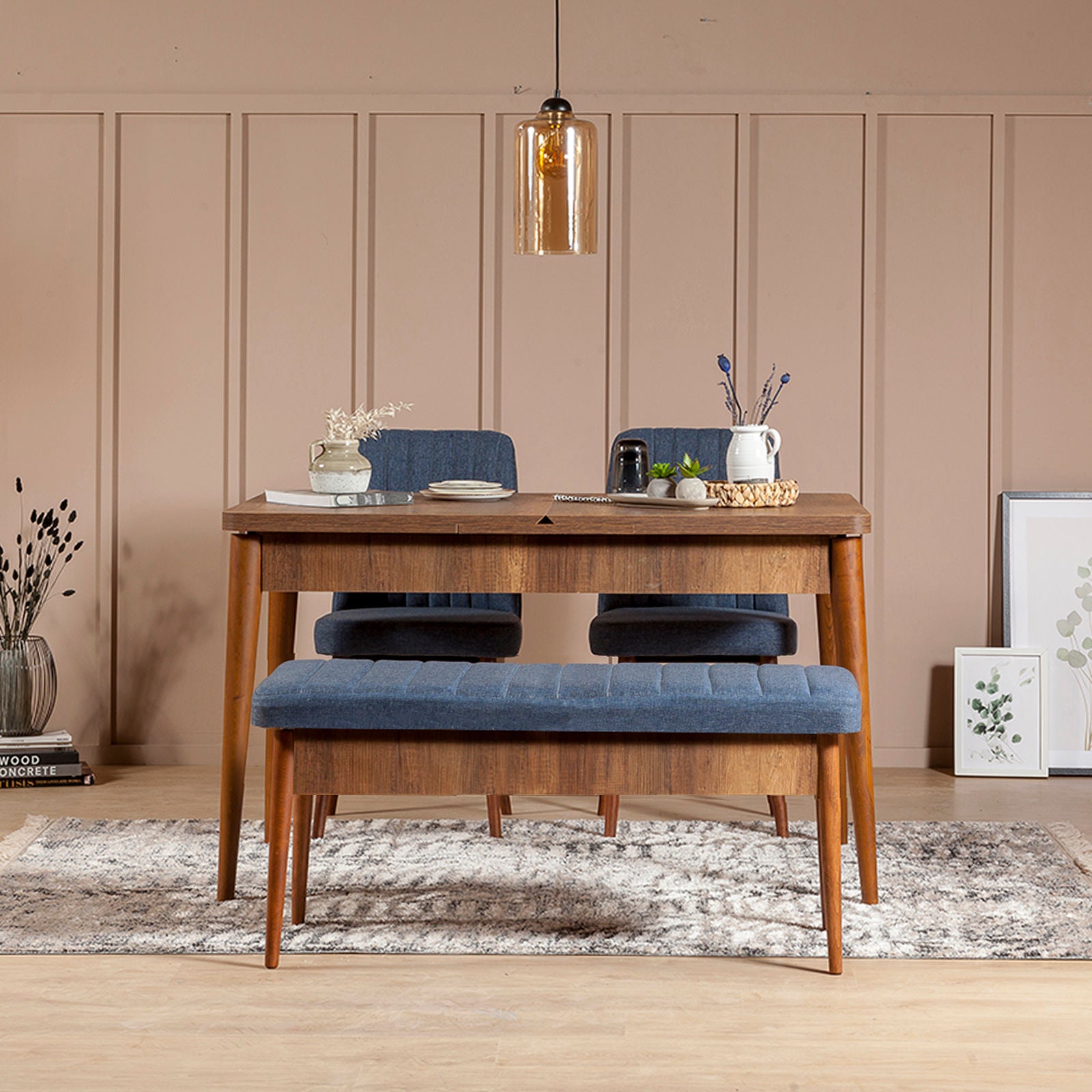 Conjunto de mesa de jantar extensível e cadeiras (4 peças), nogueira e azul-escuro, 130-165 cm | 100% revestido em melamina, tecido de linho, pernas de madeira de carpa | Design rústico moderno