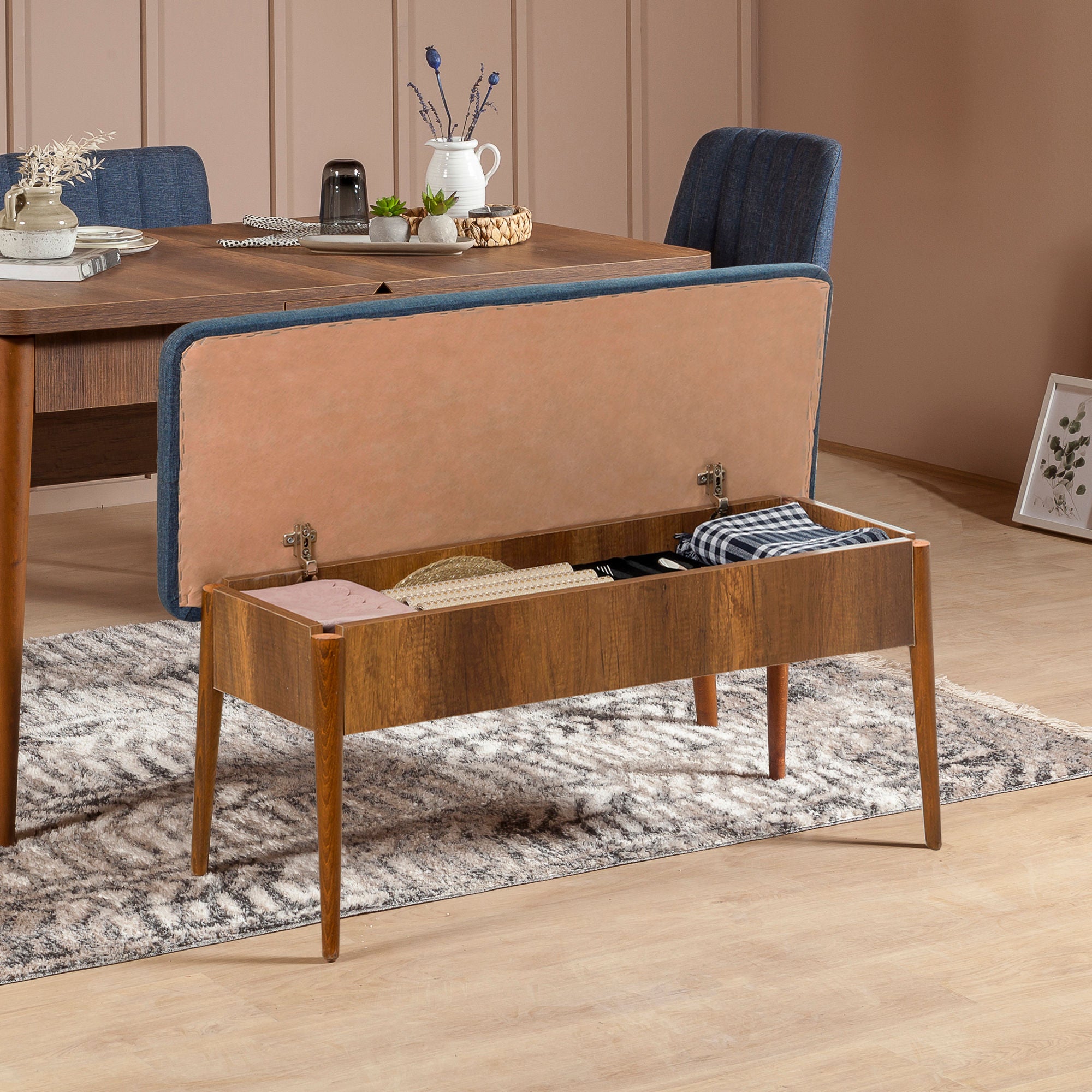Conjunto de mesa de jantar extensível e cadeiras (4 peças), nogueira e azul-escuro, 130-165 cm | 100% revestido em melamina, tecido de linho, pernas de madeira de carpa | Design rústico moderno