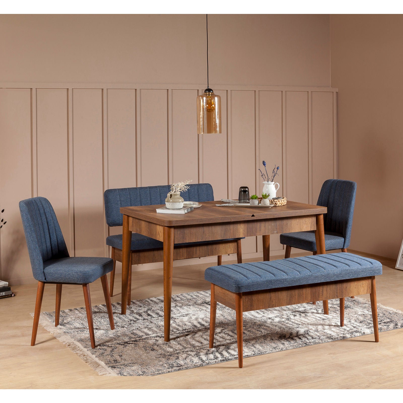 Conjunto de mesa de jantar extensível e cadeiras (5 peças), nogueira e azul-escuro, 130-165 cm | 100% revestido em melamina, tecido de linho, pernas de madeira de carpa | Design rústico moderno