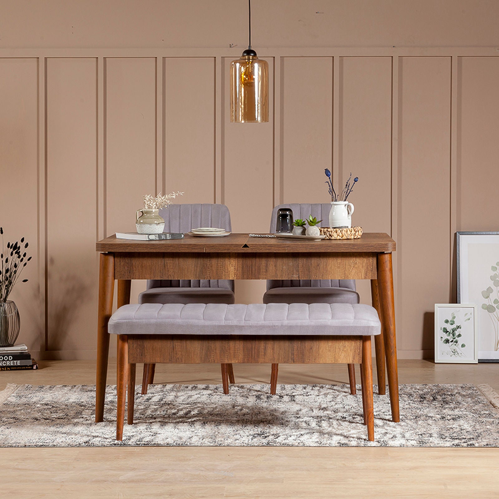 Conjunto de mesa de jantar extensível e cadeiras (4 peças), nogueira e Soho, 130-165 cm | 100% veludo e revestimento em melamina | Design rústico moderno para refeições elegantes