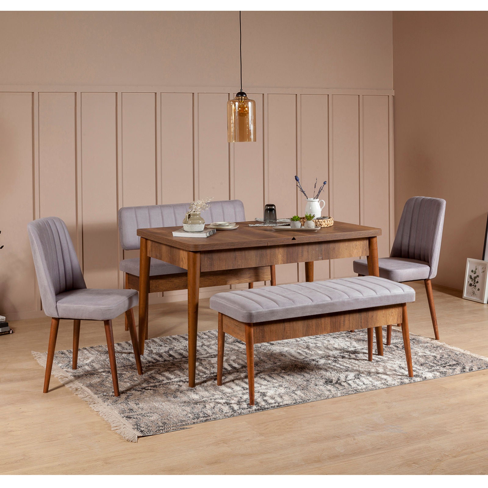 Conjunto de mesa de jantar extensível e cadeiras (5 peças), nogueira e Soho, 130-165 cm | 100% veludo e revestimento em melamina | Design rústico moderno para refeições elegantes