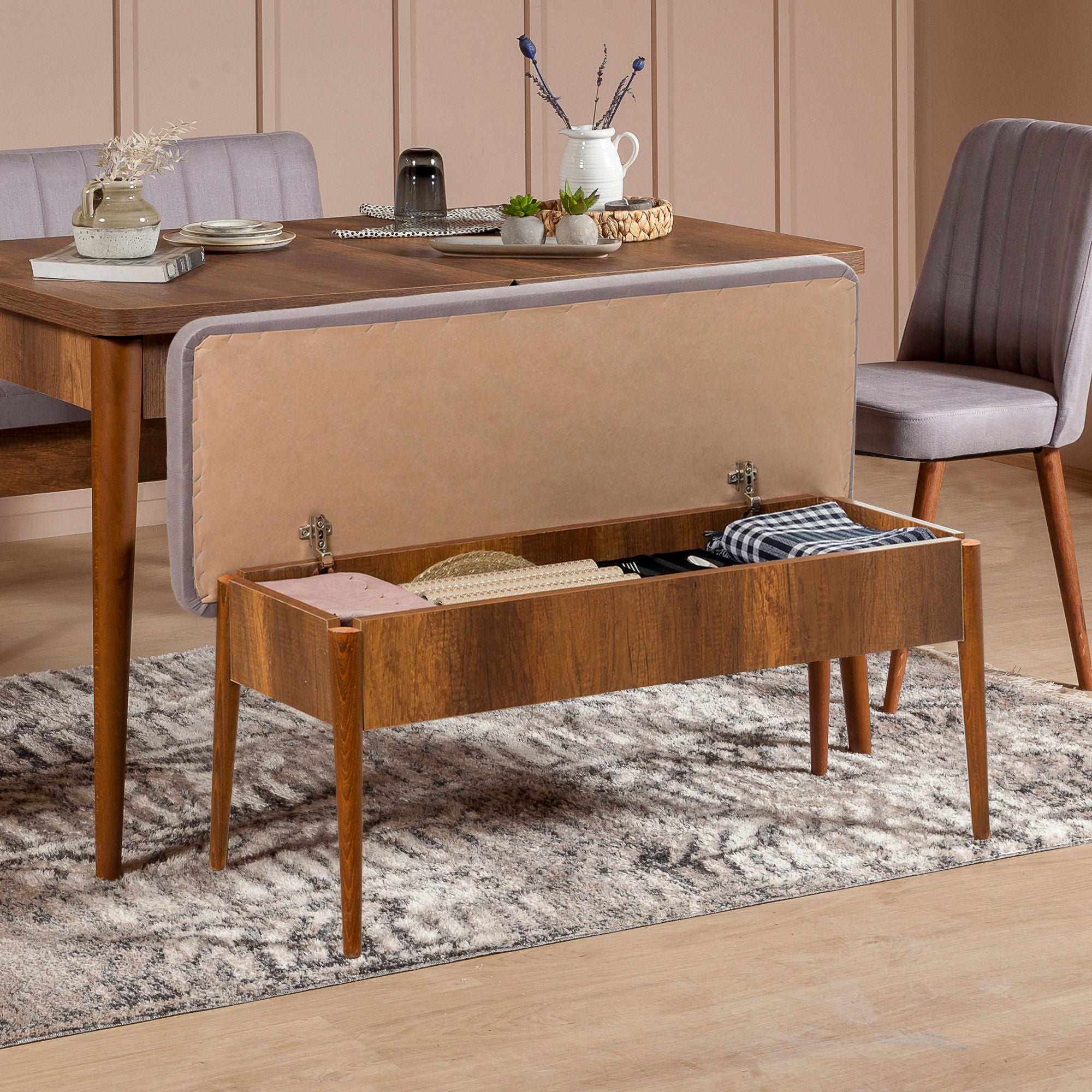 Conjunto de mesa de jantar extensível e cadeiras (5 peças), nogueira e Soho, 130-165 cm | 100% veludo e revestimento em melamina | Design rústico moderno para refeições elegantes