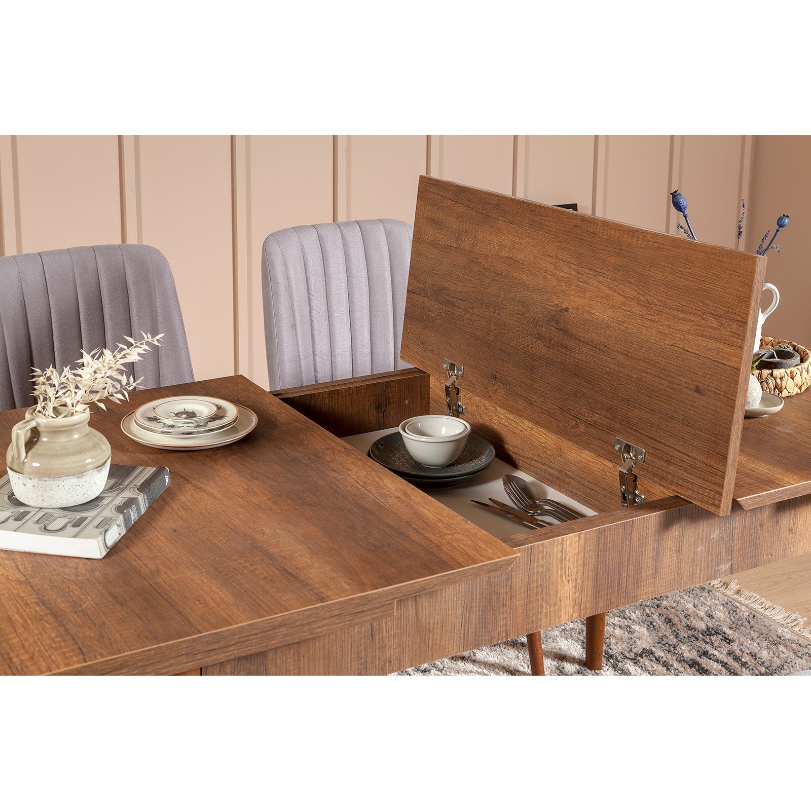 Mesa de Jantar Extensível, Nogueira, 130-165 cm | Painel de Partículas 100% Revestido com Melamina, 18 mm | Pés de Carpa, Design Rústico Moderno para Espaços de Jantar Versáteis