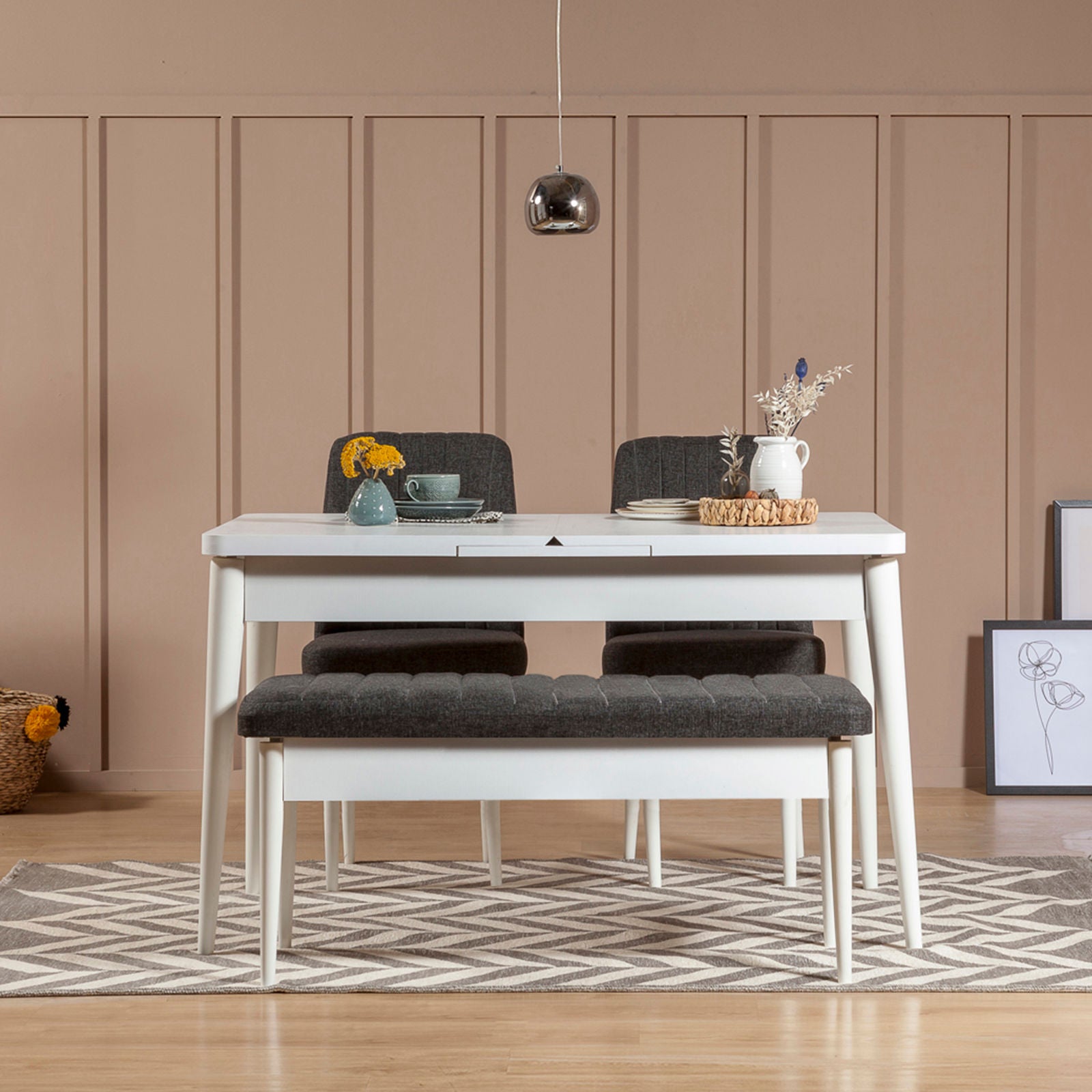Conjunto moderno de mesa de jantar extensível e cadeiras (4 peças), branco e antracite, 100% revestido em melamina, pernas de madeira de carpa | Perfeito para salas de jantar elegantes