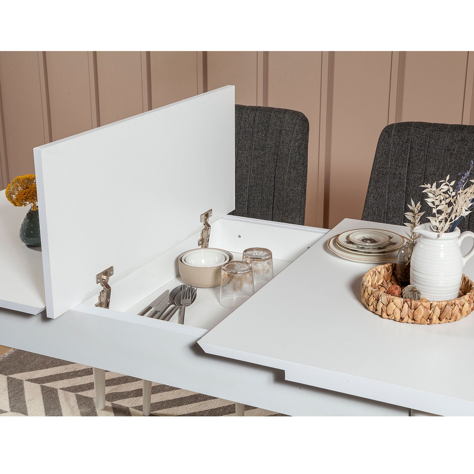 Conjunto moderno de mesa de jantar extensível e cadeiras (4 peças), branco e antracite, 100% revestido em melamina, pernas de madeira de carpa | Perfeito para salas de jantar elegantes